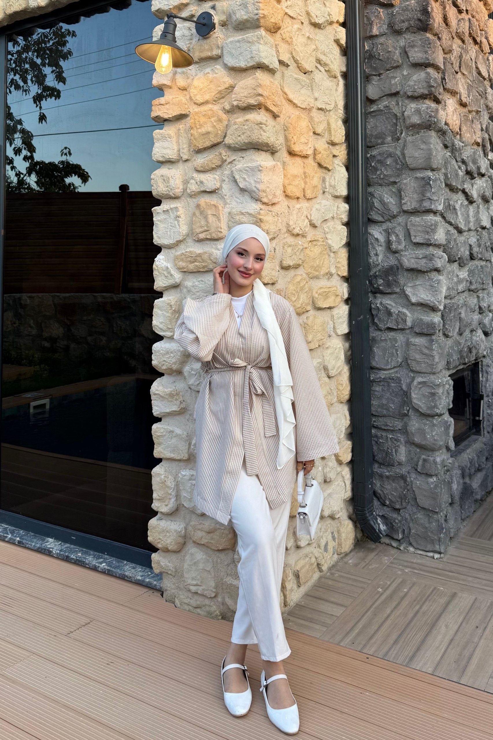 Çizgili Kimono - Krem