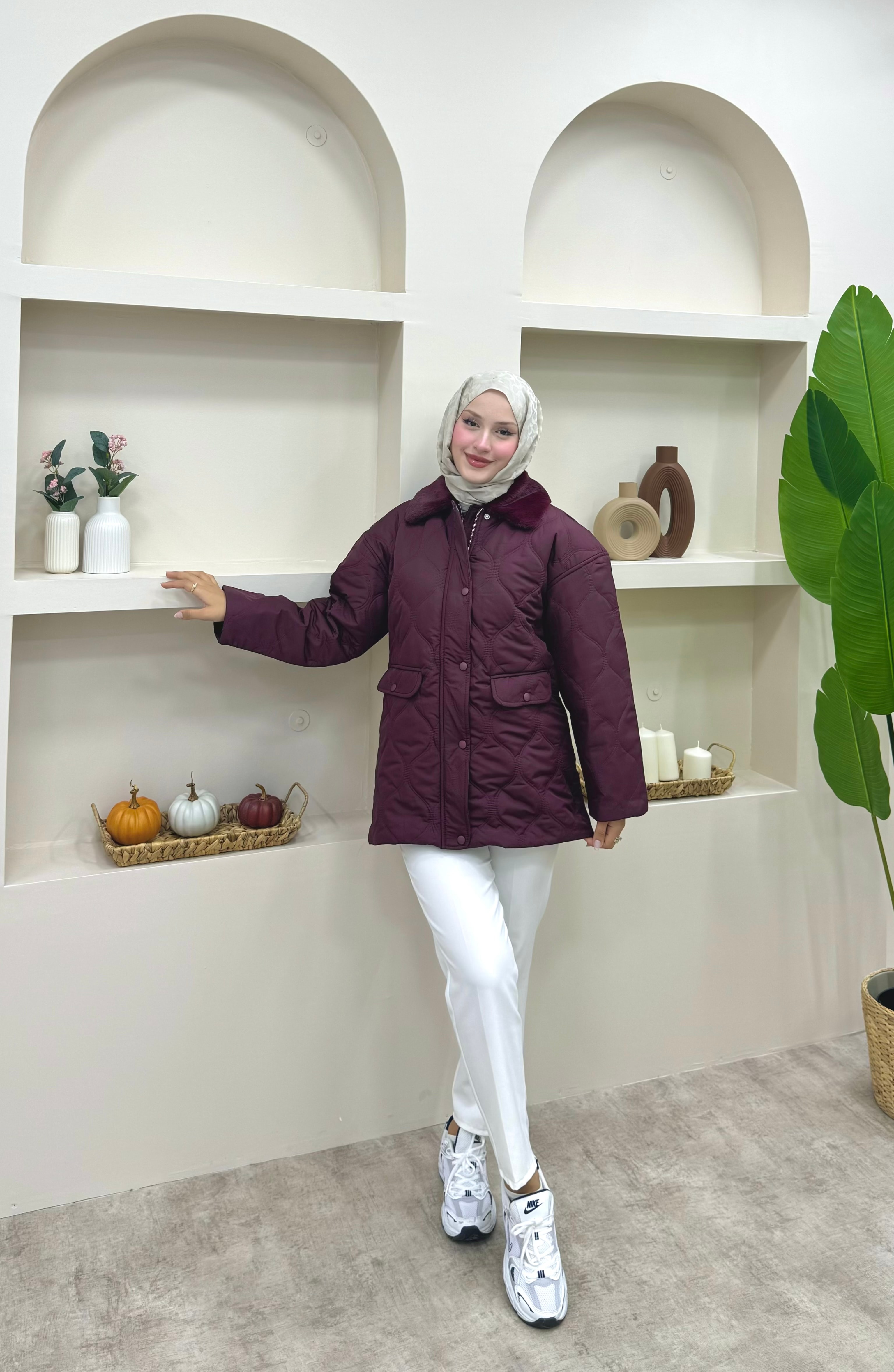 Yakası Kürklü Şişme Mont - Bordo