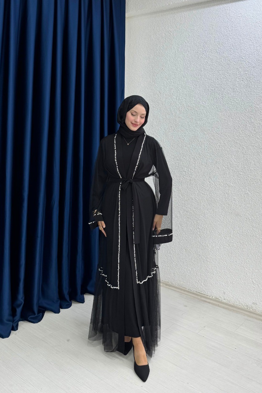 Altı Fırfırlı İnci Detaylı Abaya  - Siyah