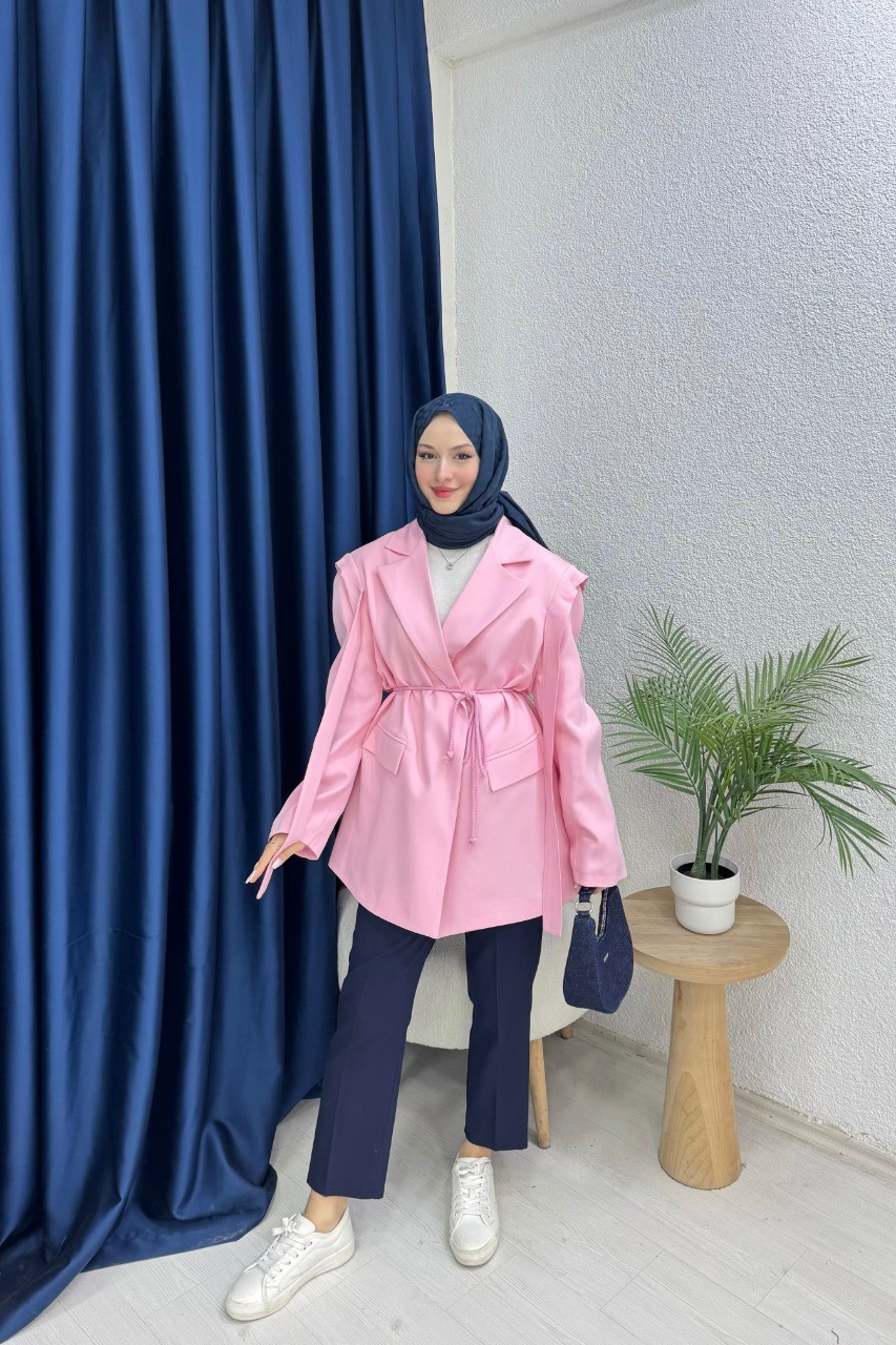 Omuz Kuşaklı Blazer Ceket - PEMBE