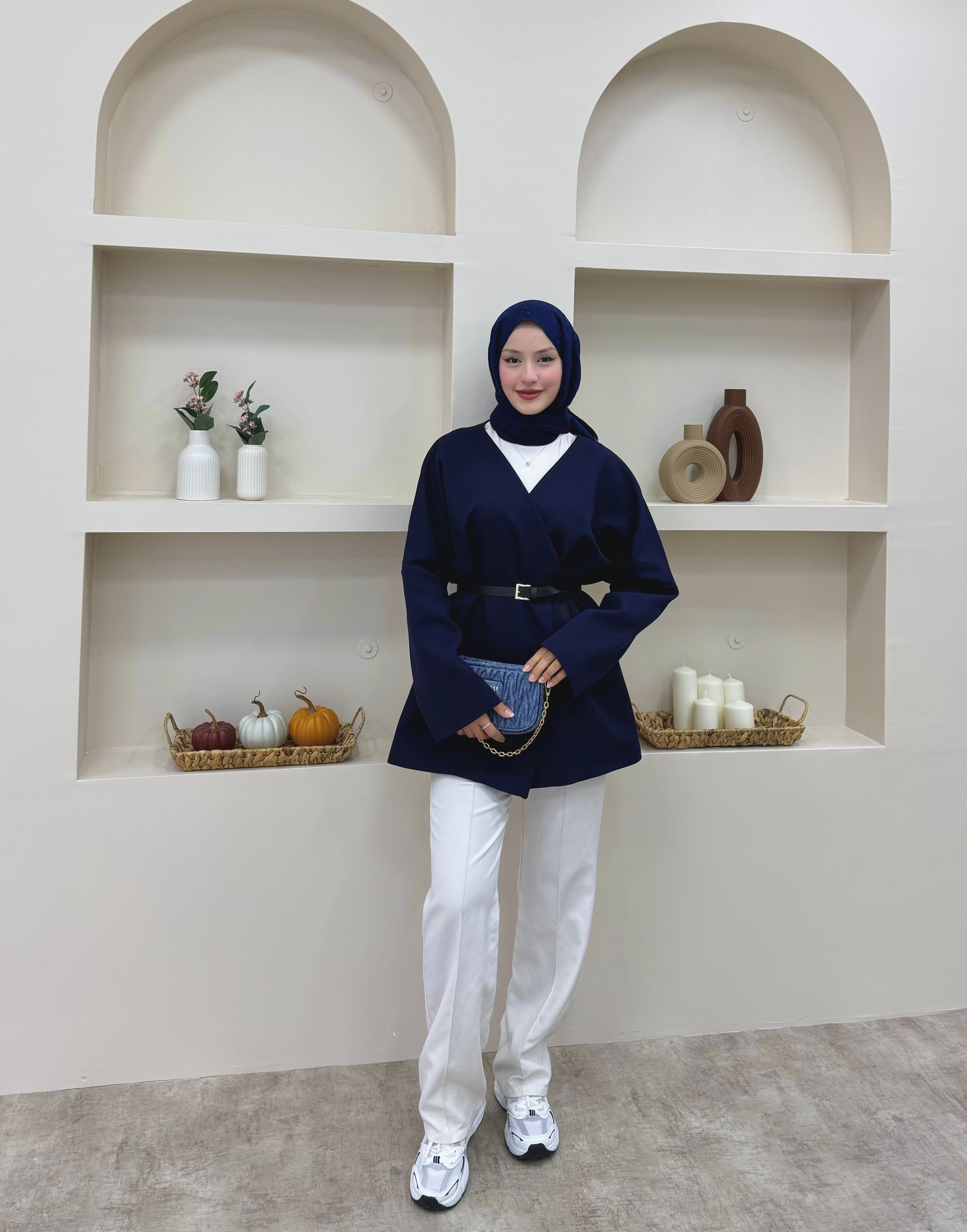 Kruvaze Yaka Kemerli Blazer Ceket  - Lacivert