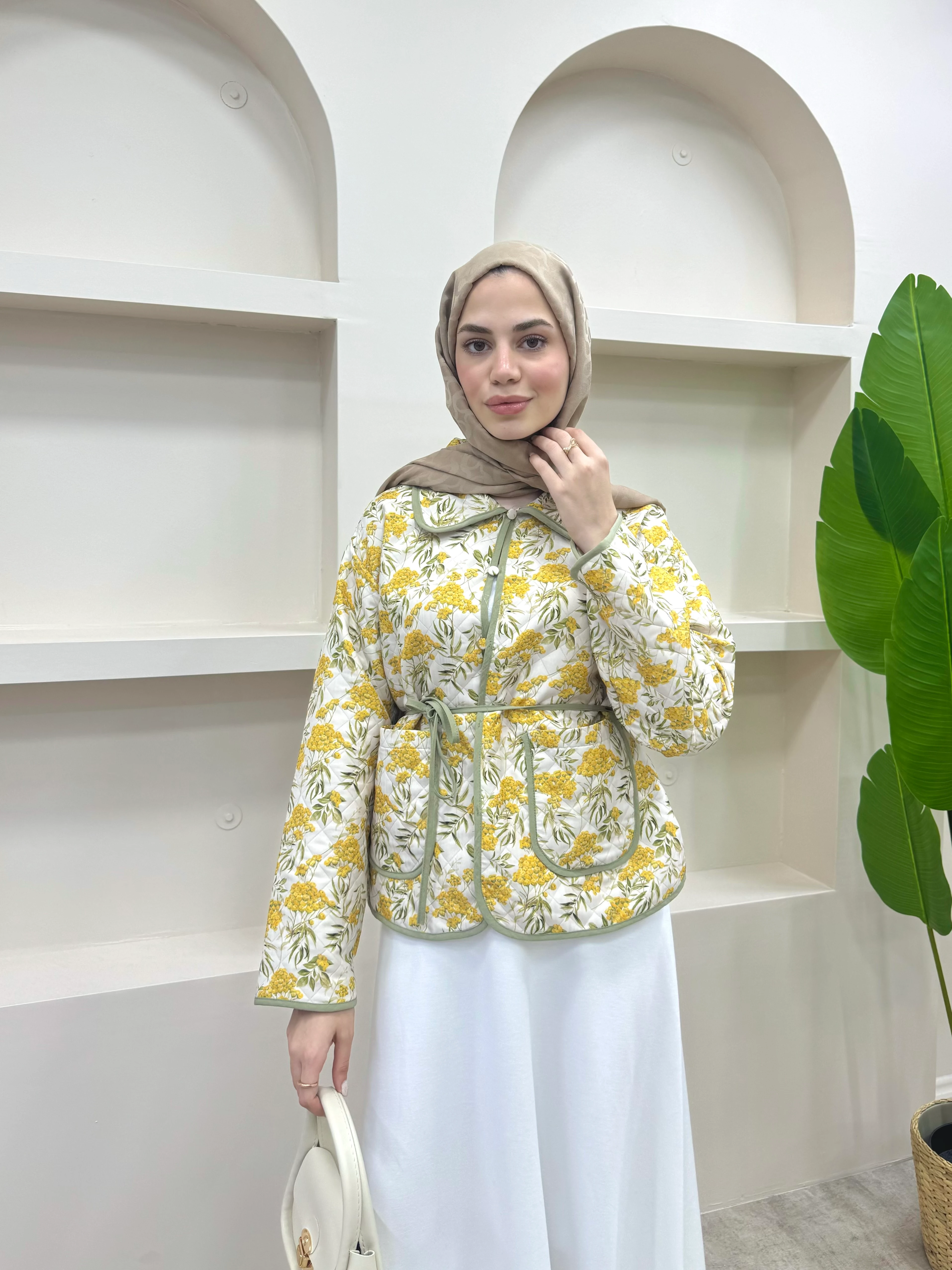 Bağlamalı Etnik Desen Kısa Ceket  - Sarı