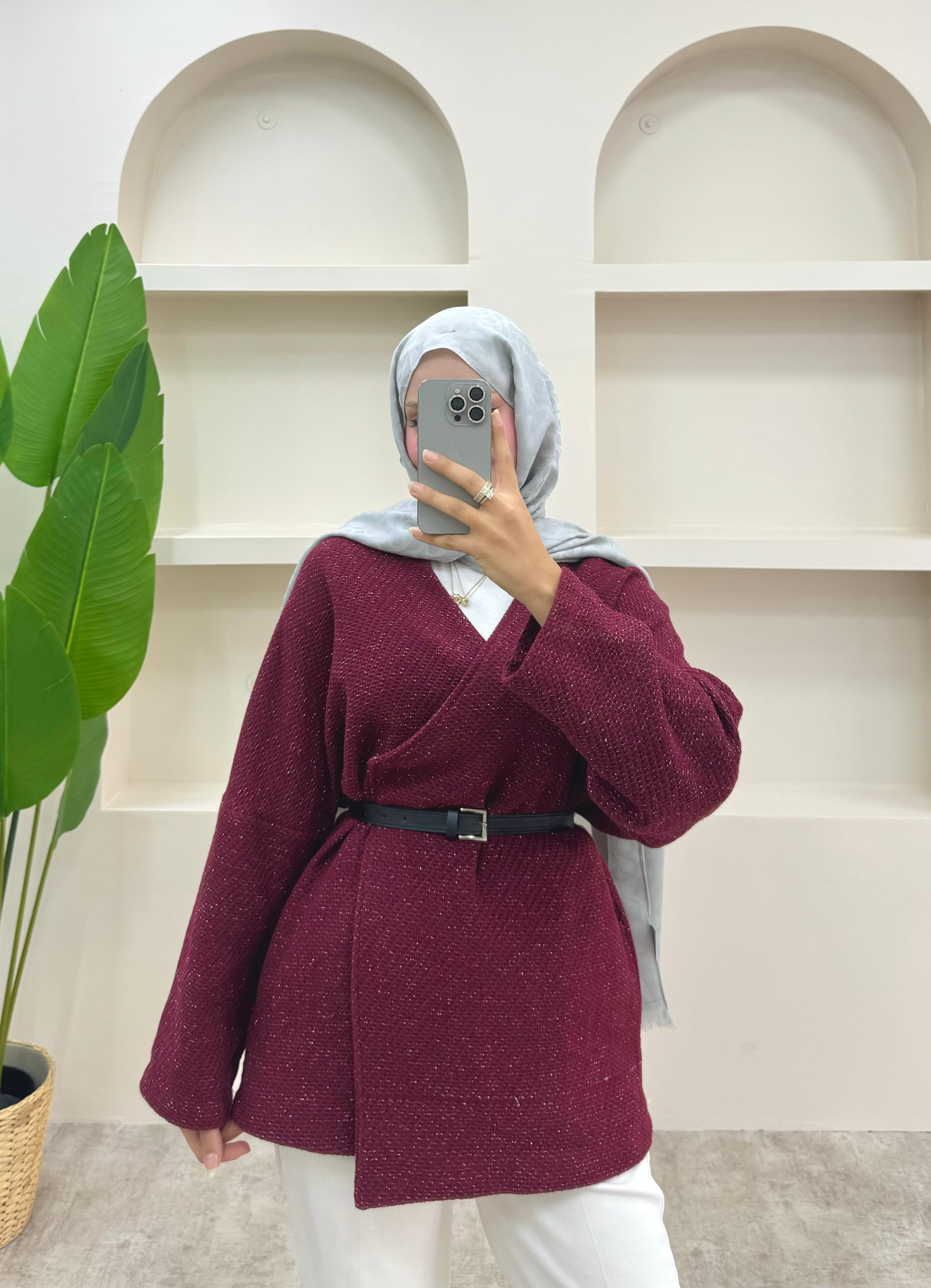 Simli Kemerli Ceket - Bordo