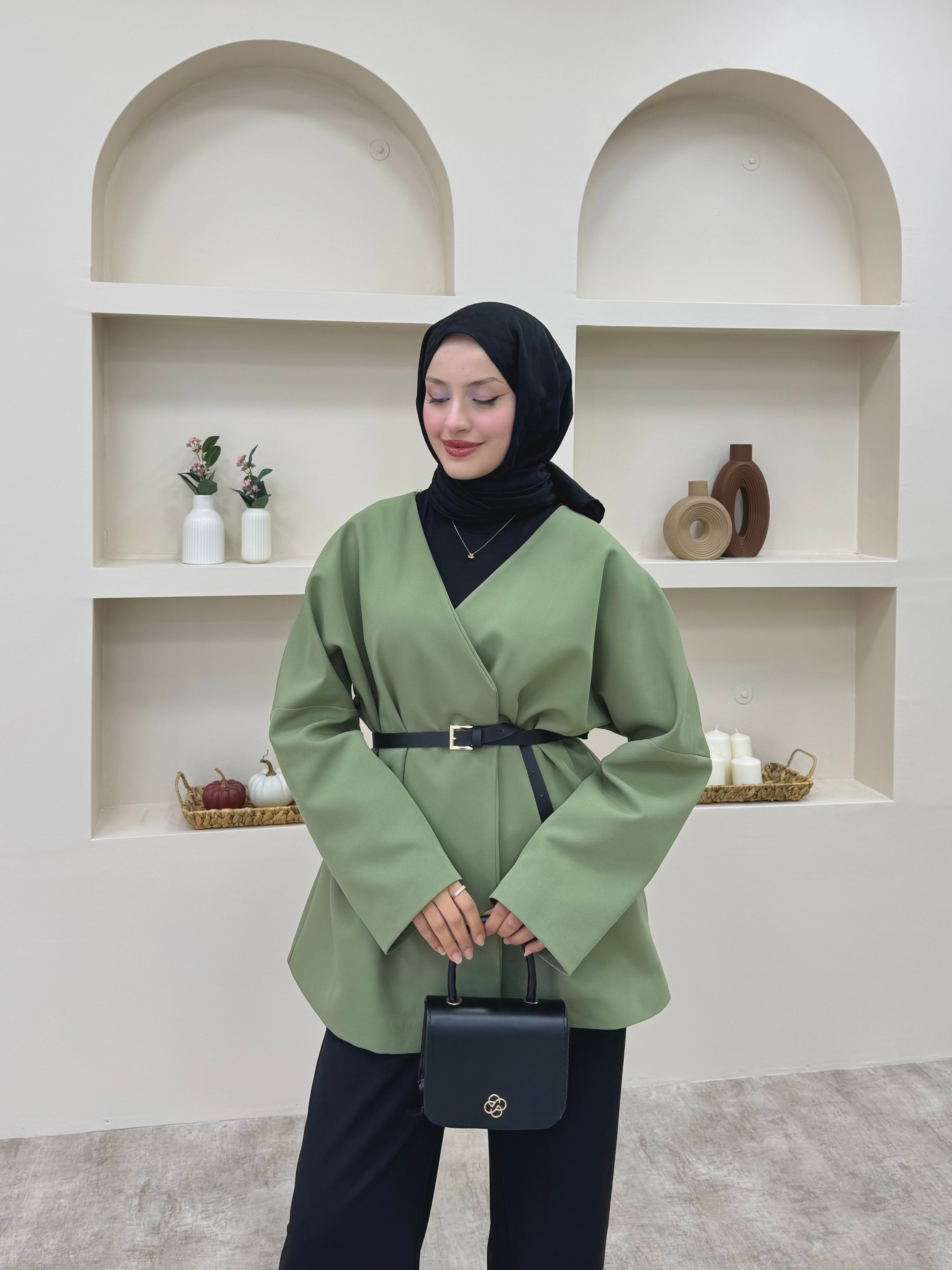 Kruvaze Yaka Kemerli Blazer Ceket  - Yeşil