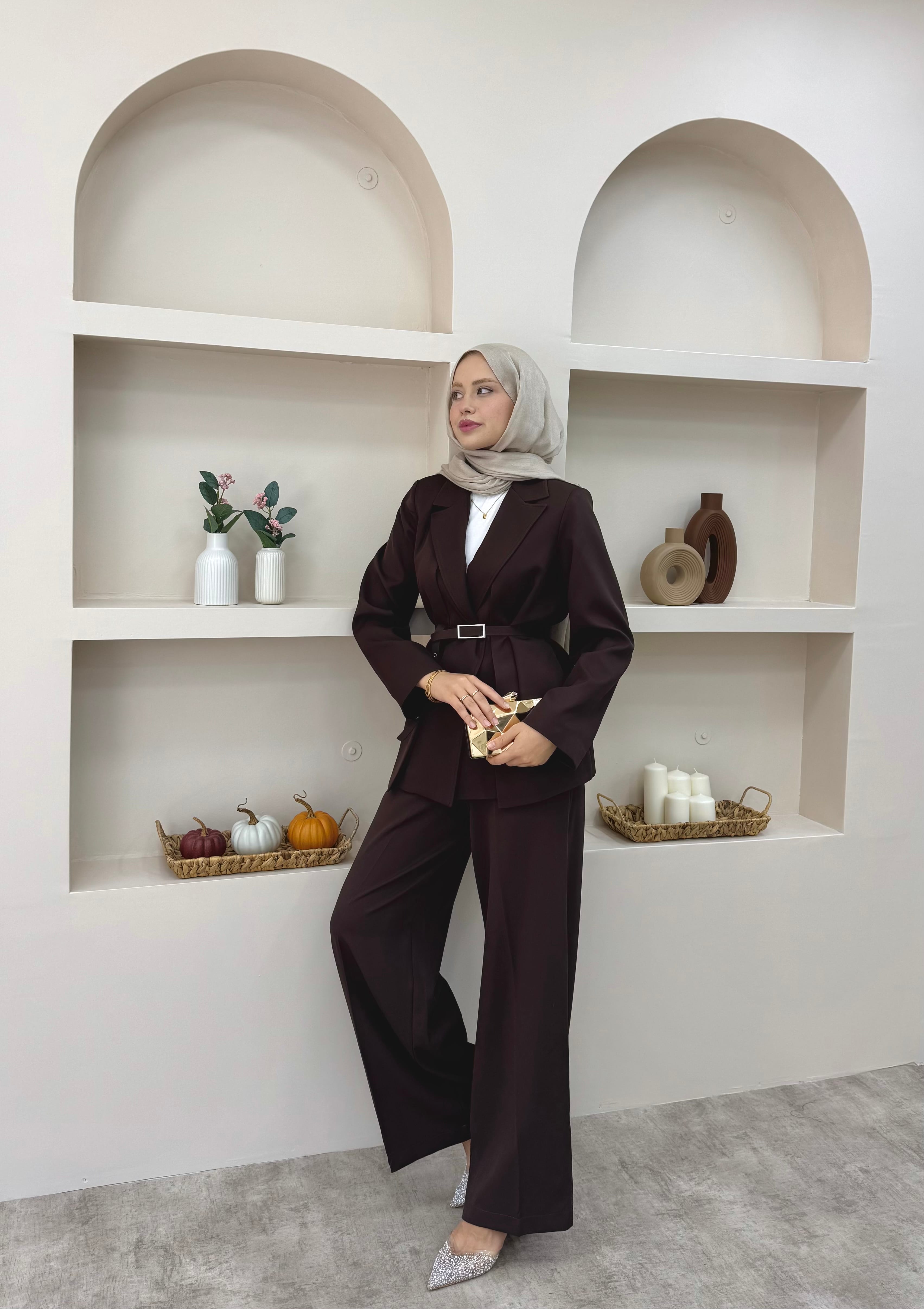 Çift Yaka Blazer Takım  - Kahverengi