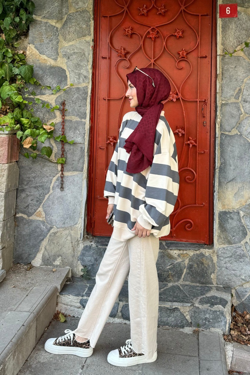 Çizgili Basic İki İplik Sweat 