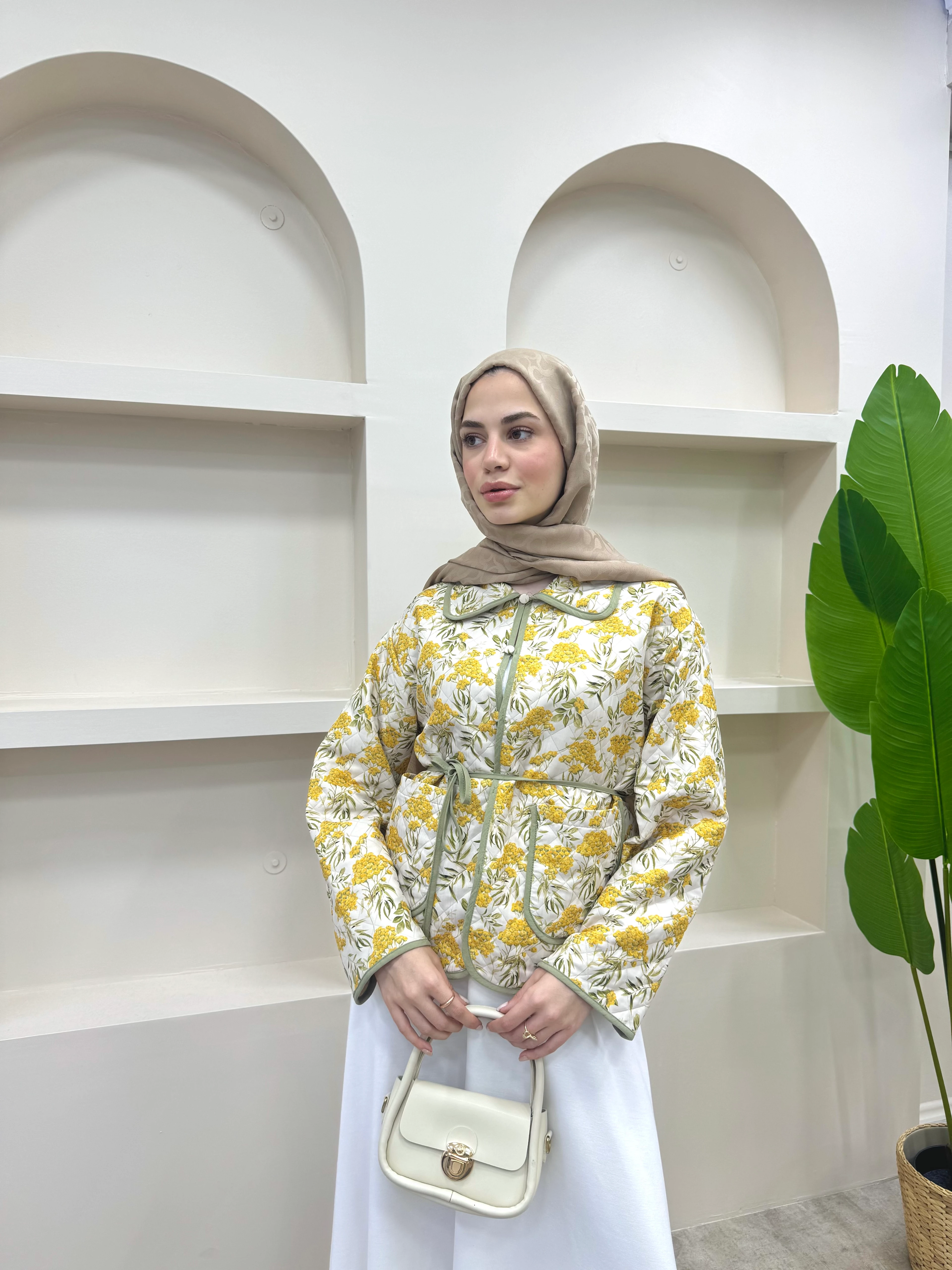 Bağlamalı Etnik Desen Kısa Ceket  - Sarı