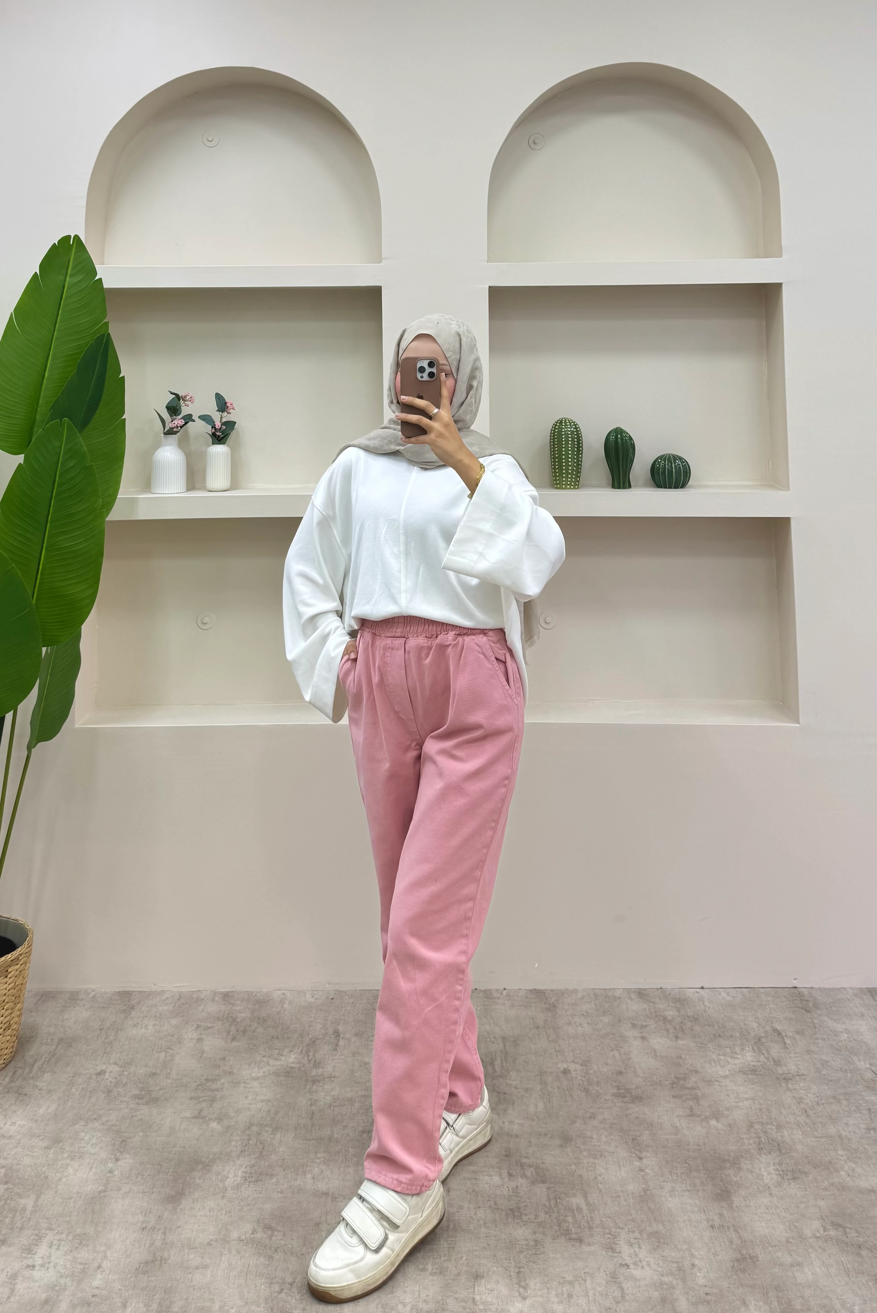 Beli Lastikli Geniş Kesim Mom Jeans  - Pembe
