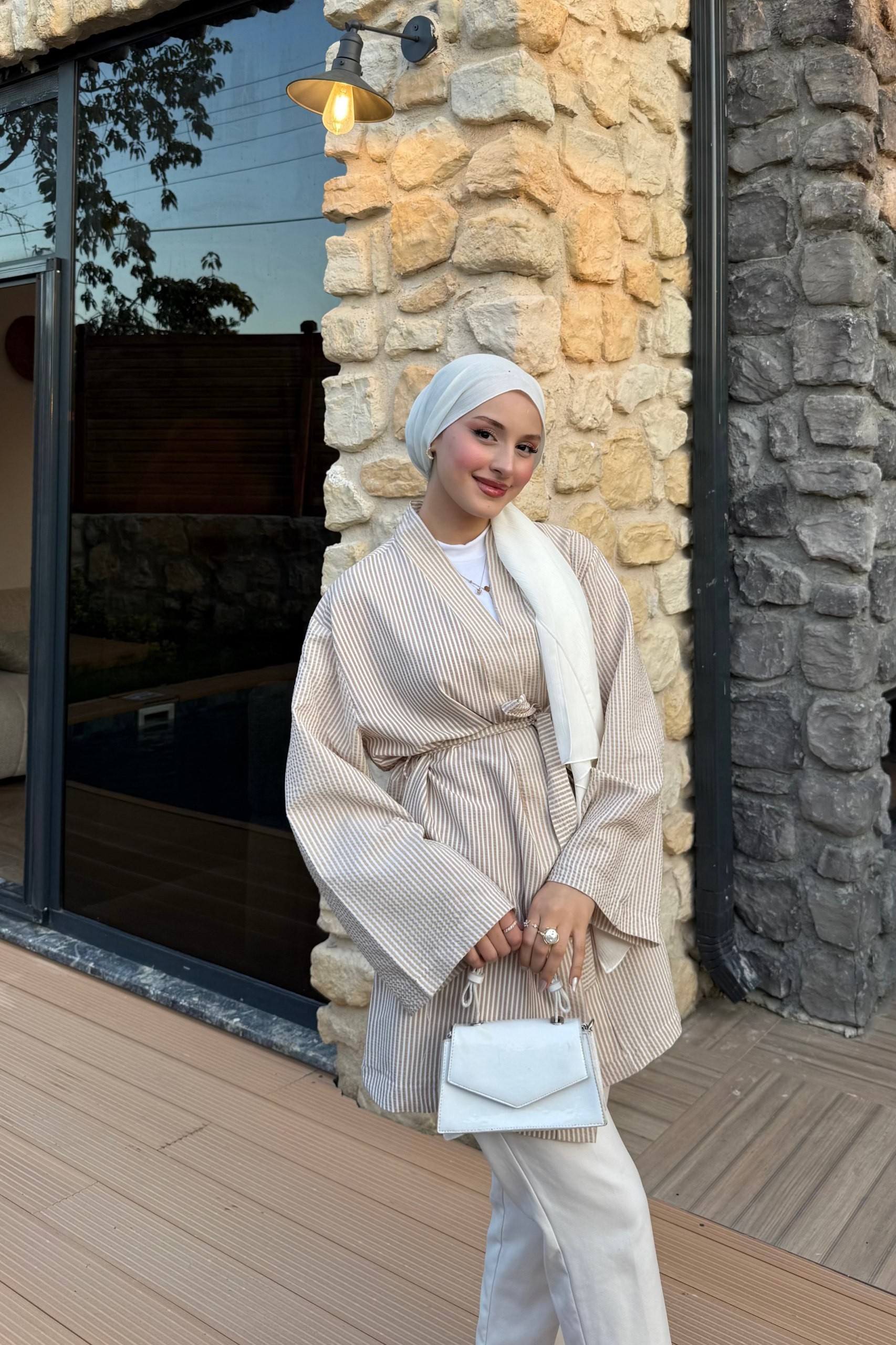 Çizgili Kimono - Krem