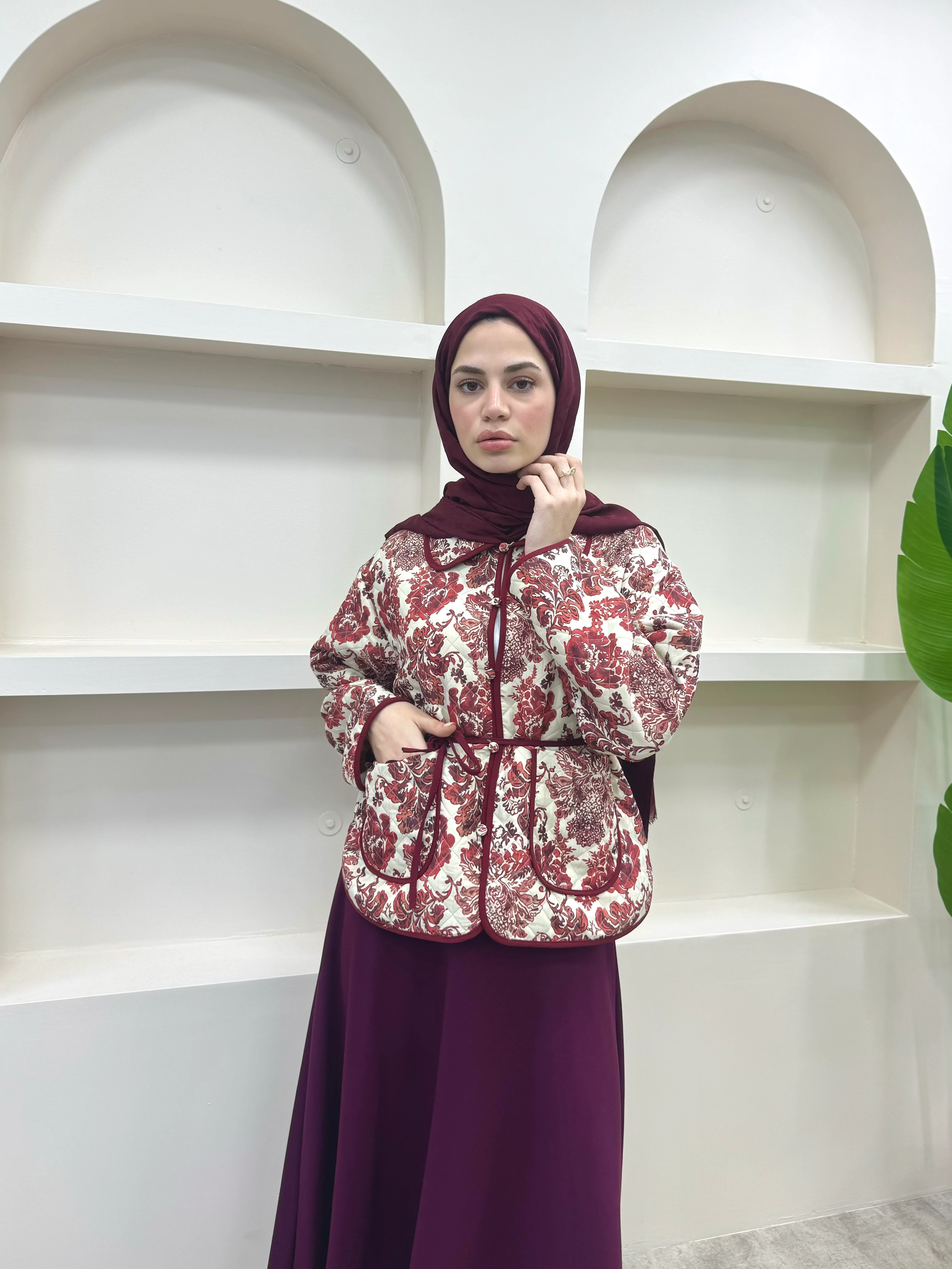 Bağlamalı Etnik Desen Kısa Ceket  - Bordo