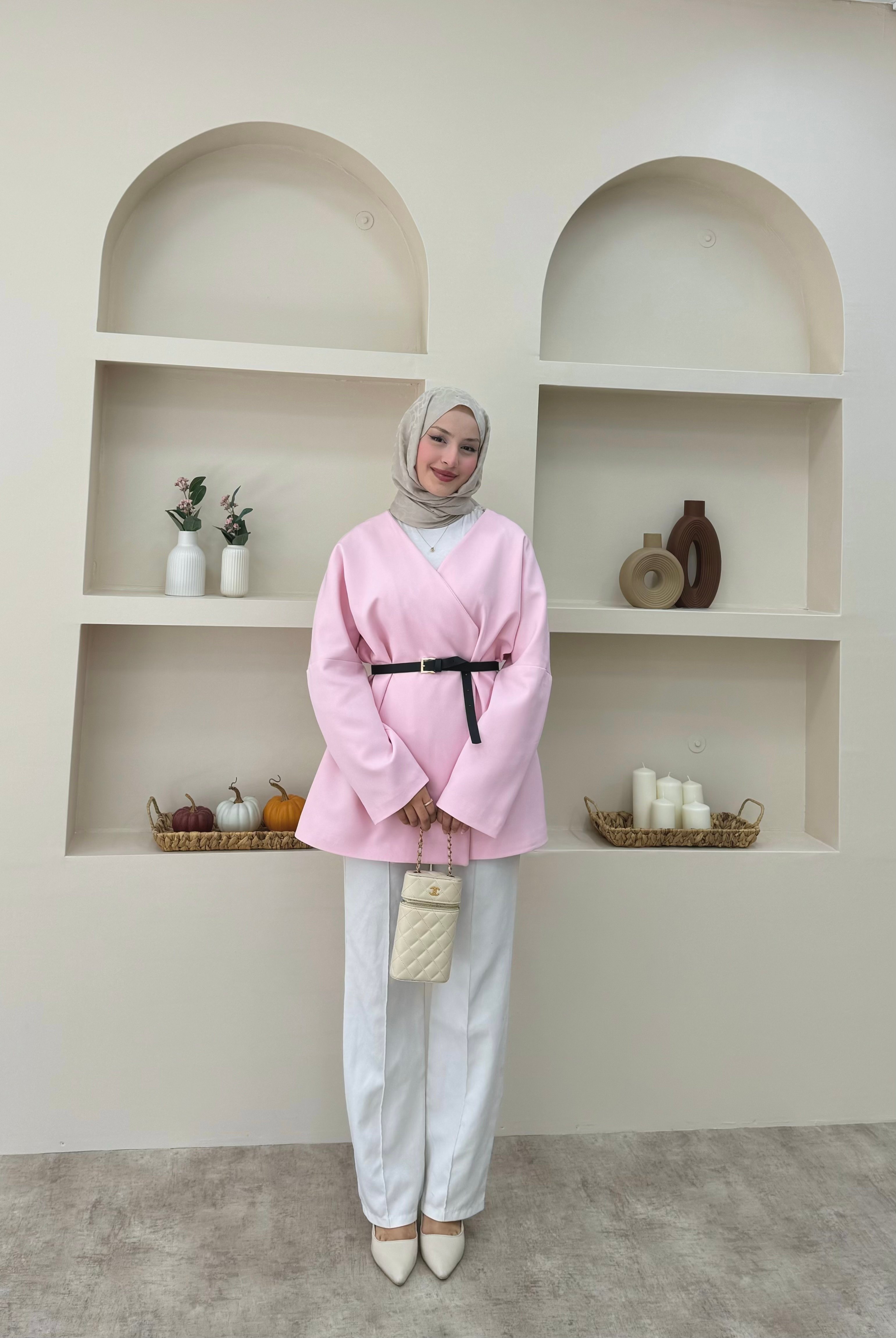 Kruvaze Yaka Kemerli Blazer Ceket  - Pembe