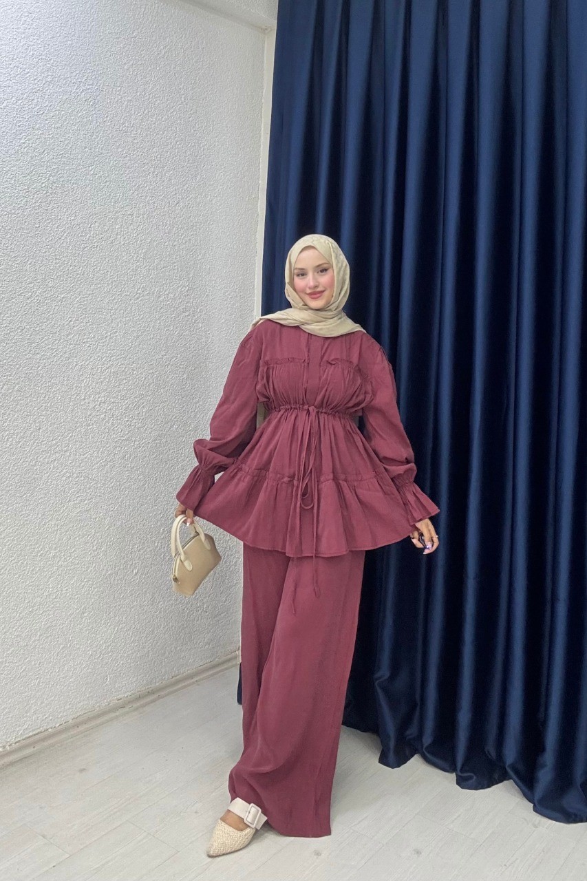 Büzgülü Pantolon Takım  - Bordo