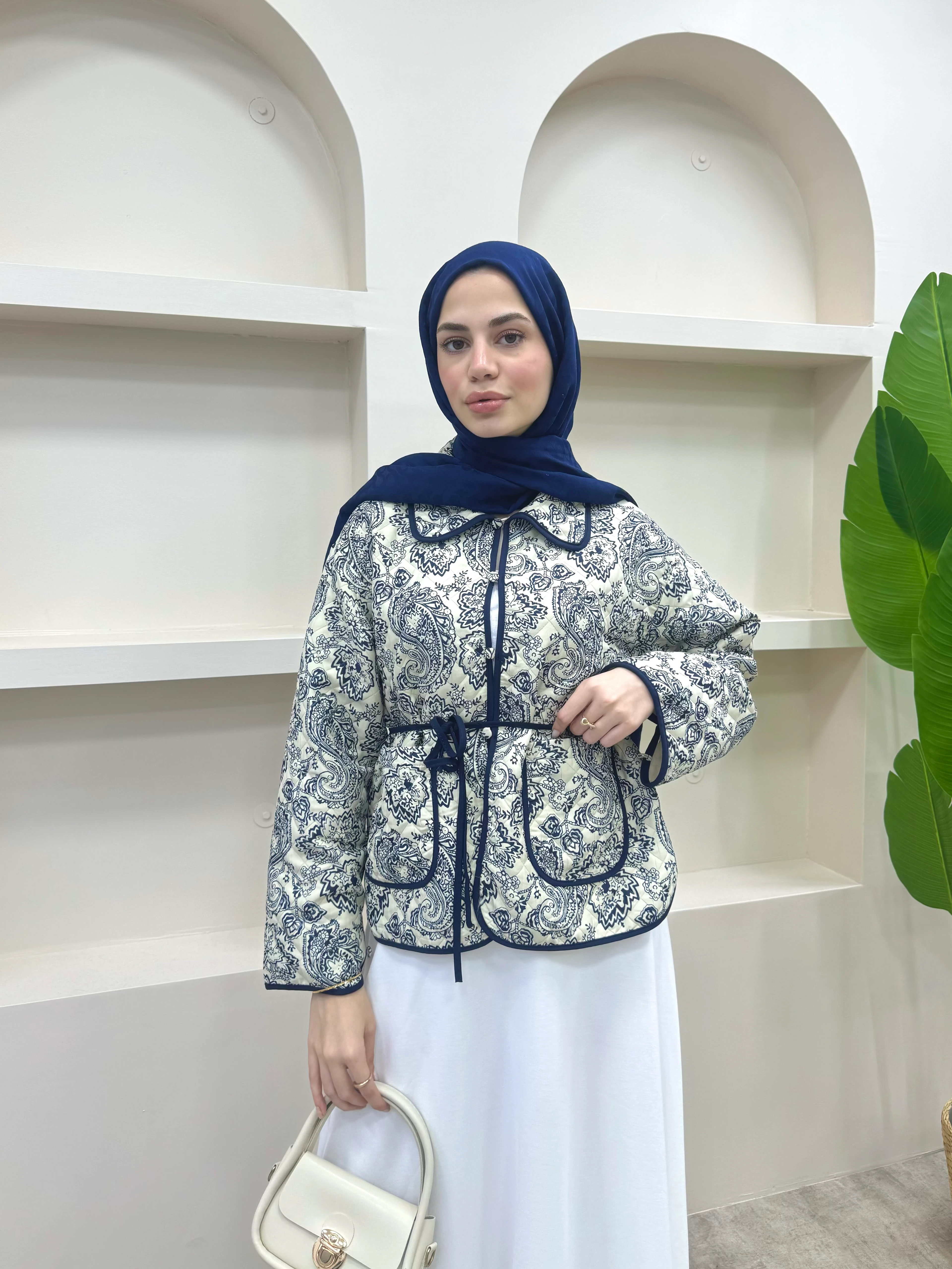 Bağlamalı Etnik Desen Kısa Ceket  - Lacivert