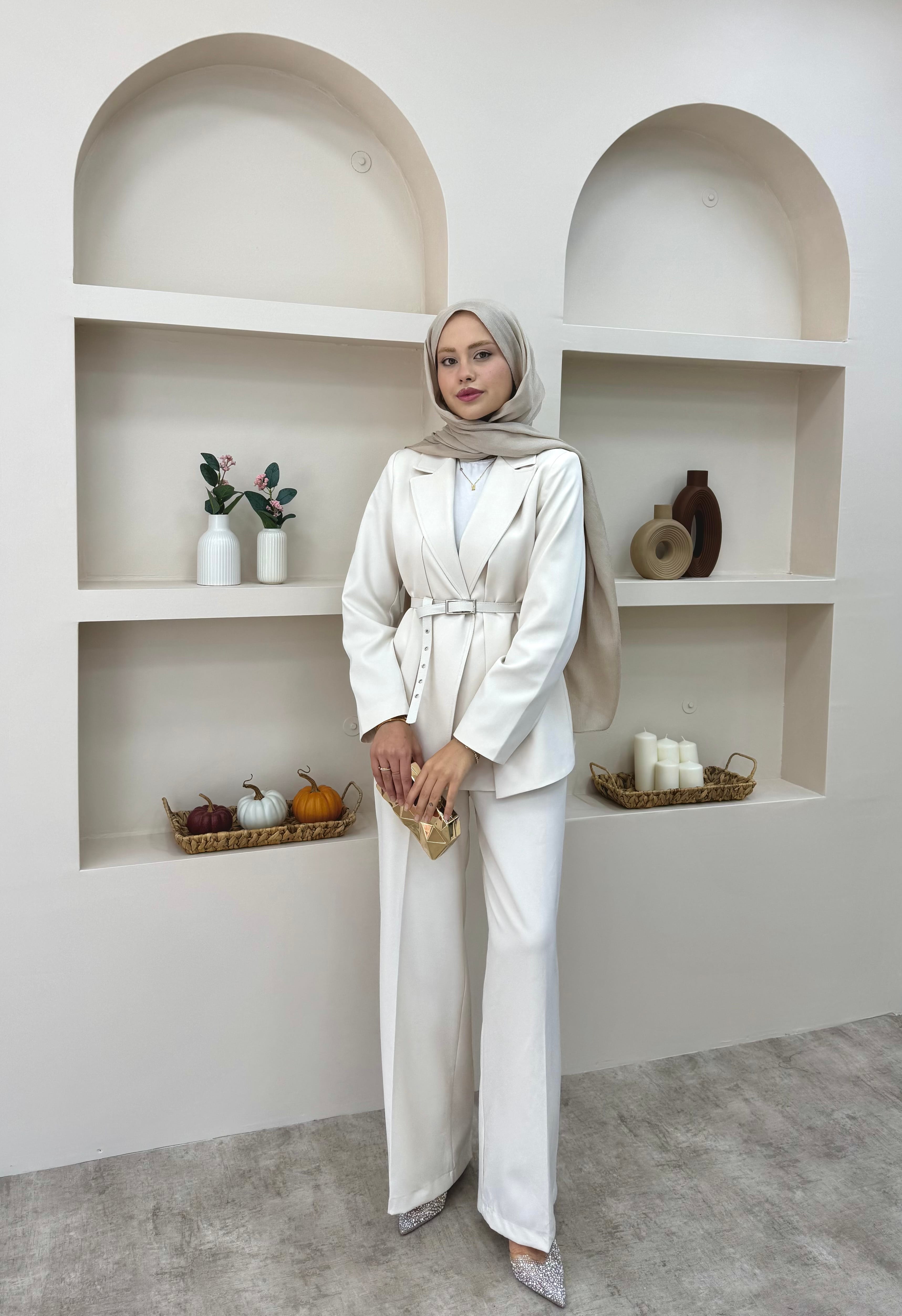 Çift Yaka Blazer Takım  - BEYAZ