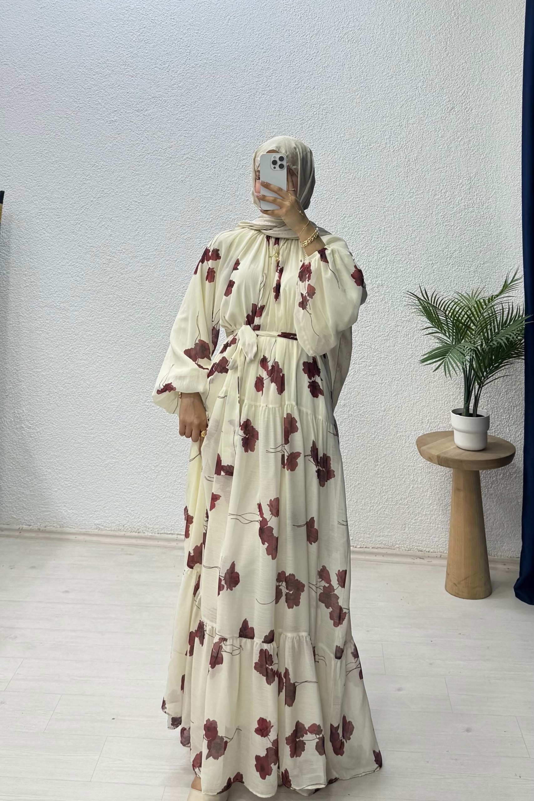 Çicek Desenli Şifon Elbise - Bordo