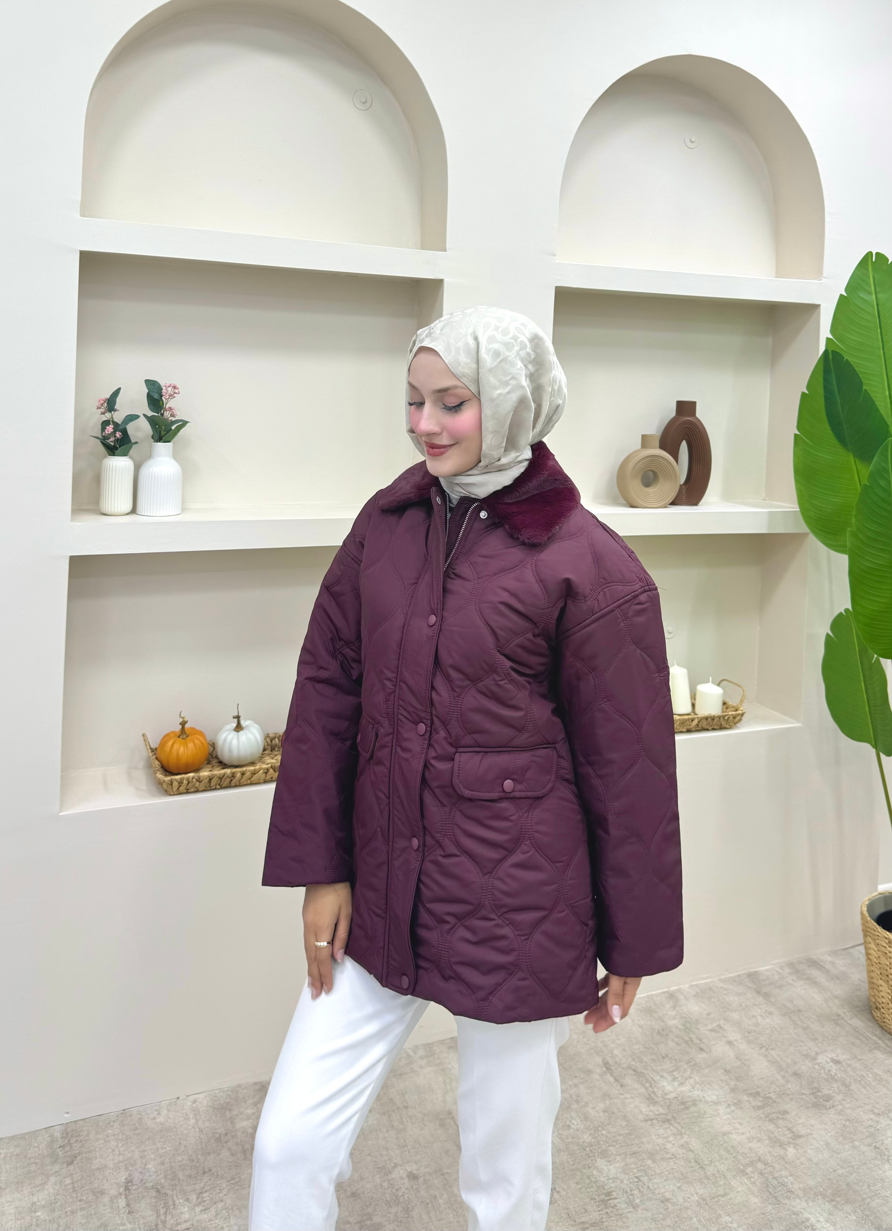 Yakası Kürklü Şişme Mont - Bordo