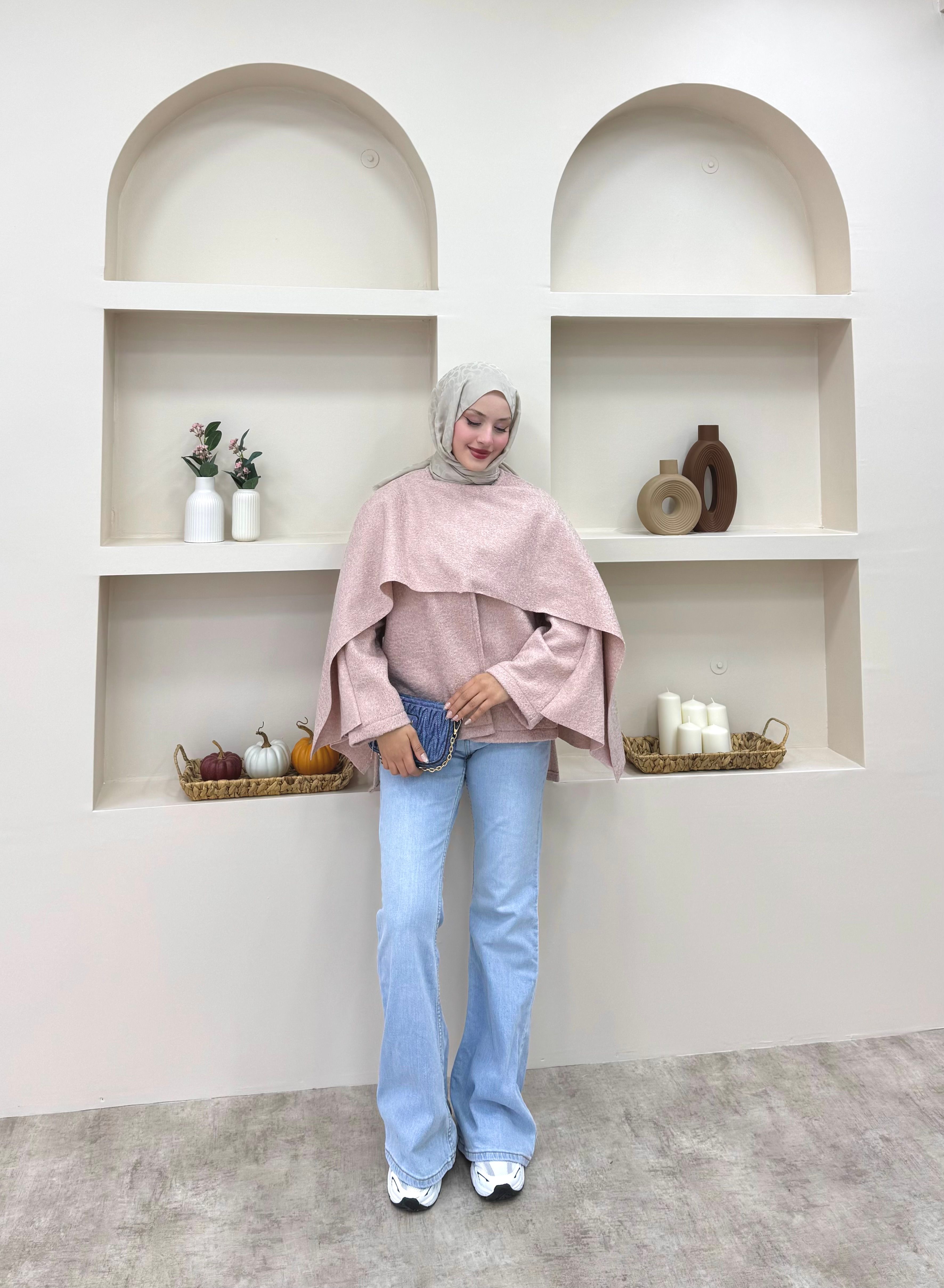 Pelerinli Tek Düğmeli Kaşe Ceket - Pembe