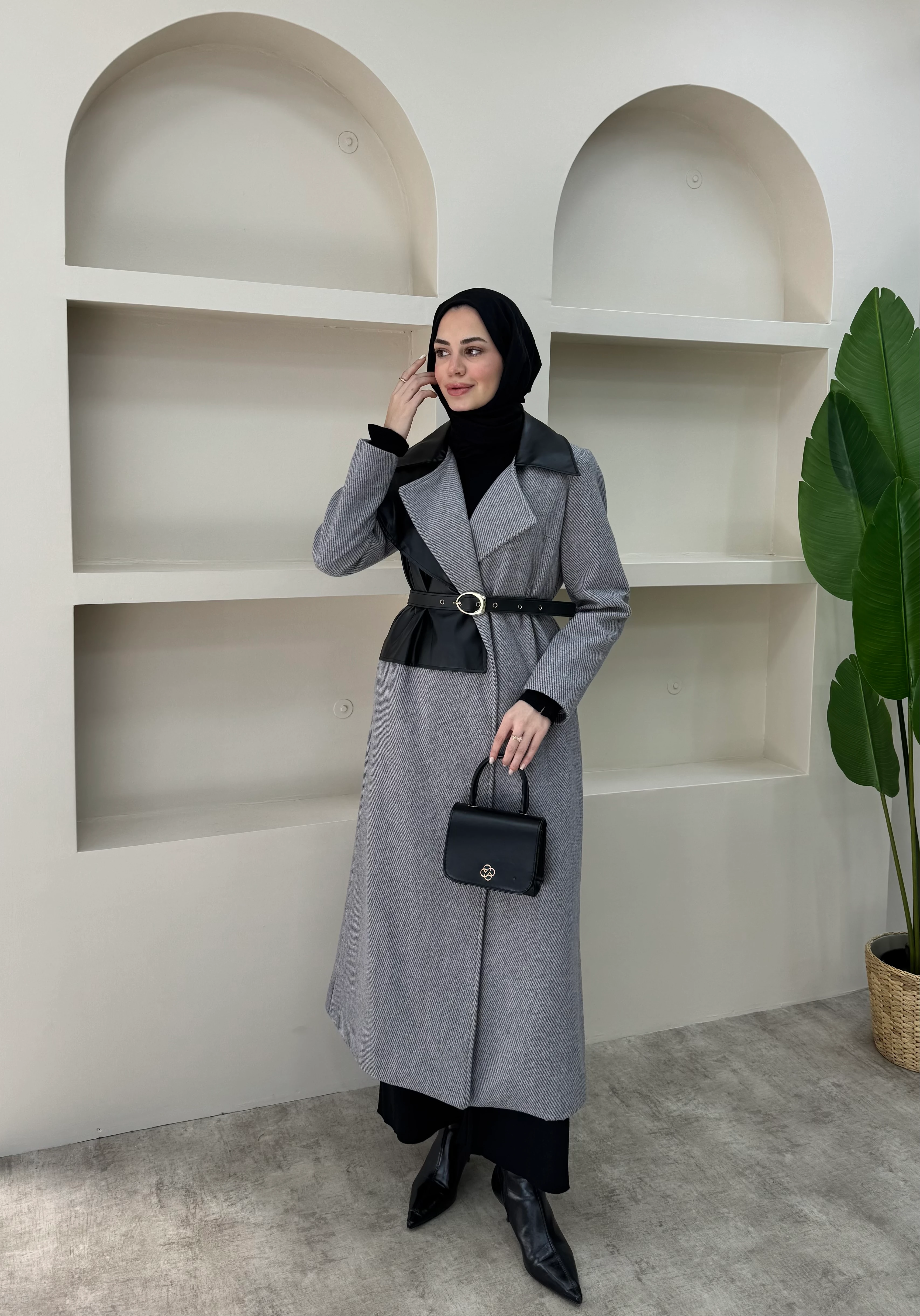 Deri Pelerinli Premium Kaşe Kaban  - Antrasit