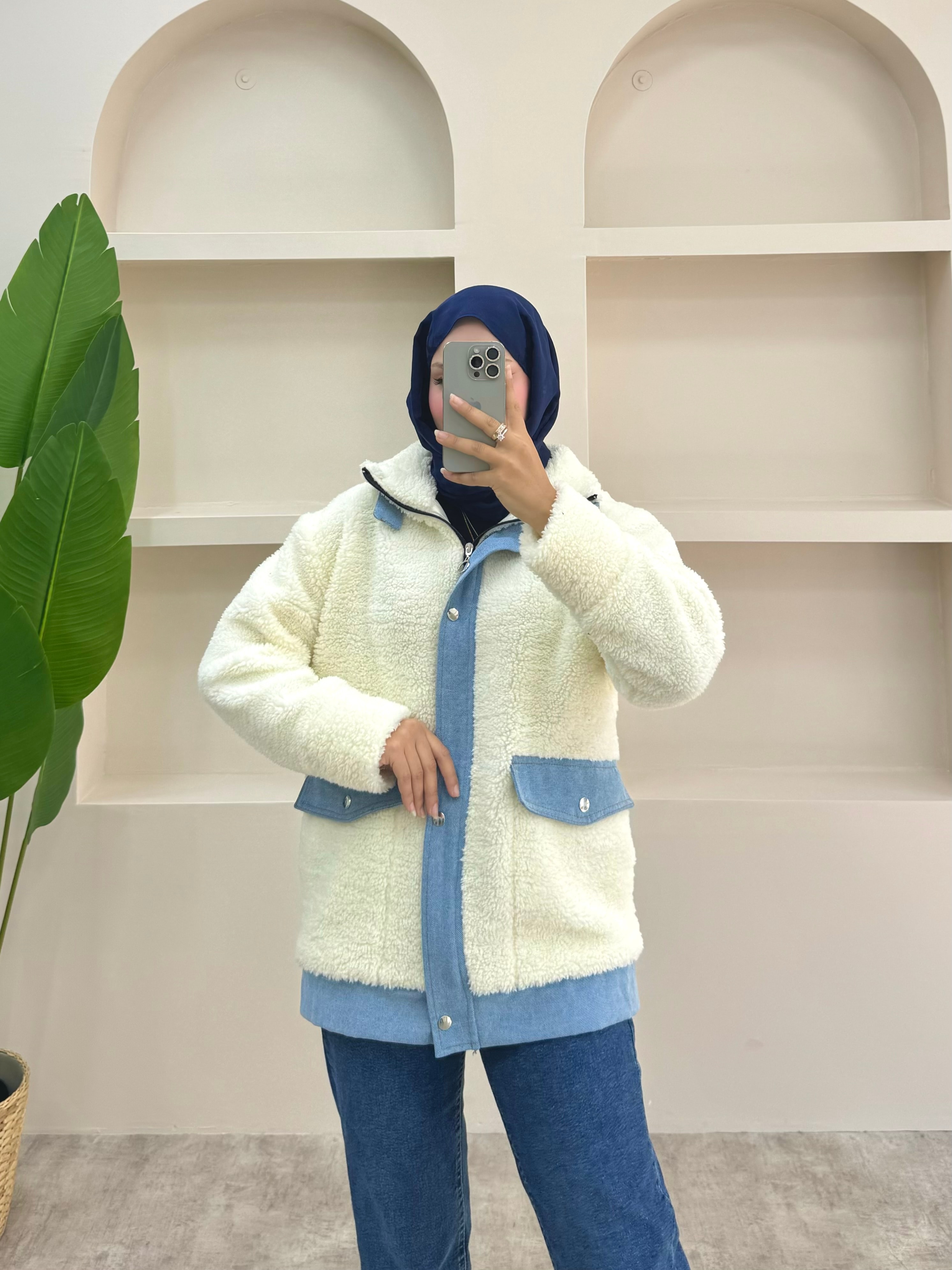 Kot Detaylı Peluş Ceket - Krem