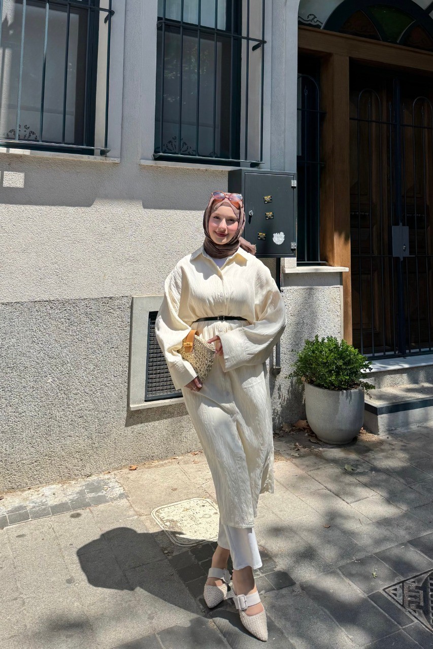 Pamuklu Keten Uzun Gömlek  - Krem