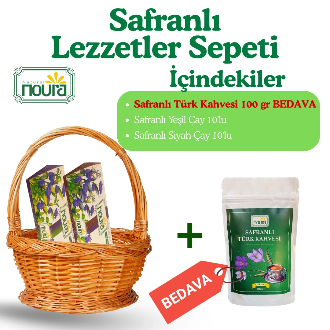 Safranlı Lezzetler Sepeti ( Safranlı Türk Kahvesi 100 gr + 10'lu Safranlı Yeşil Çay + 10'lu  Safranlı Siyah Çay )