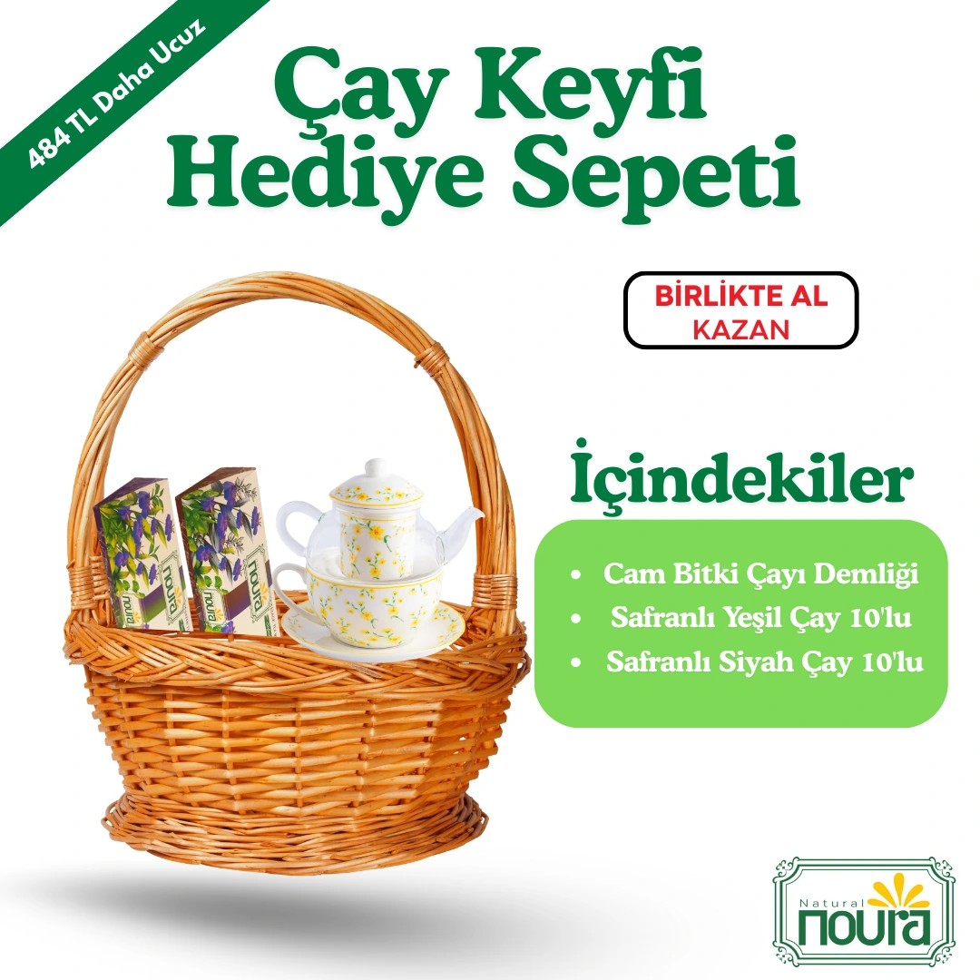 Çay Keyfi Hediye Sepeti (Cam Bitki Çayı Demliği + Safranlı Yeşil Çay 10'lu + Safranlı Siyah Çay 10'lu)