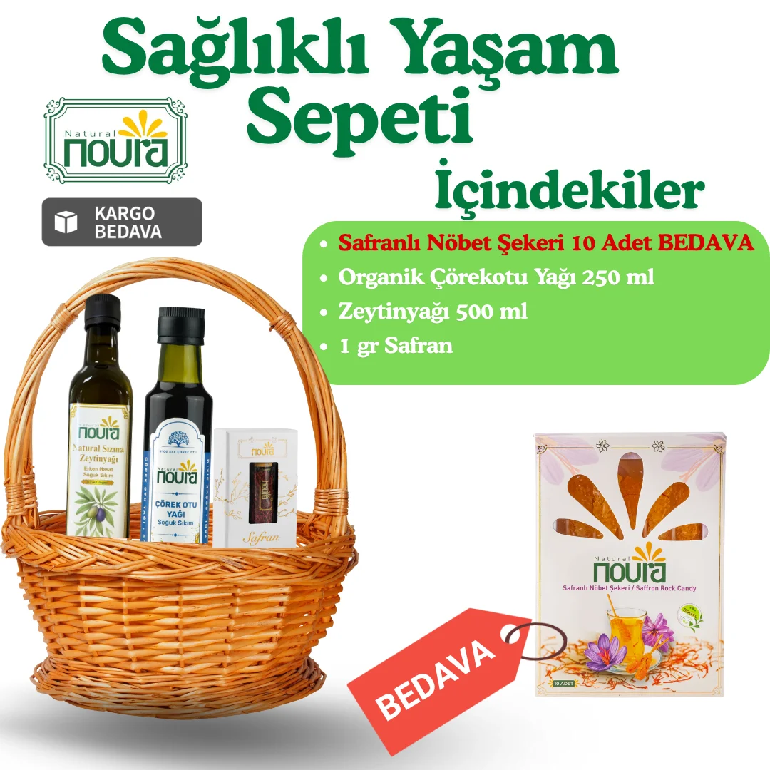 Sağlıklı Yaşam Sepeti (Organik Çörekotu Yağı 250 ml + Soğuk Sıkım Zeytinyağı 500 ml + Safran 3 gr + Safranlı Nöber Şekeri 10 Adet))
