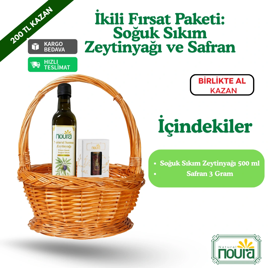 İkili Fırsat Paketi (500 ml Soğuk Sıkım Zeytinyağı ve 3 Gr A+ Kalite Safran