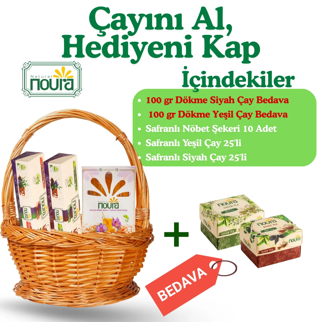 Çayını Al, Hediyeni Kap (100 gr Dökme Siyah Çay+100 gr Dökme Yeşil Çay + Safranlı Nöbet Şekeri 10 Adet  + Safranlı Yeşil Çay 25'li + Safranlı Siyah Çay 25'li