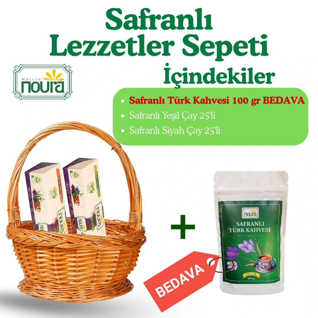Safranlı Lezzetler Sepeti (Safranlı Türk Kahvesi 100 gr +Safranlı Yeşil Çay 25'li + Safranlı Siyah Çay 25'li )