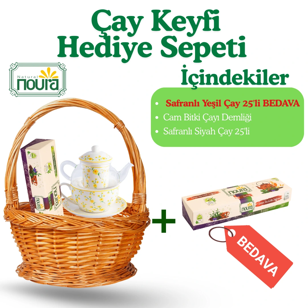 Çay Keyfi Hediye Sepeti ( Cam Bitki Çayı Demliği +Safranlı Yeşil Çay 25'li + Safranlı Siyah Çay 25'li )