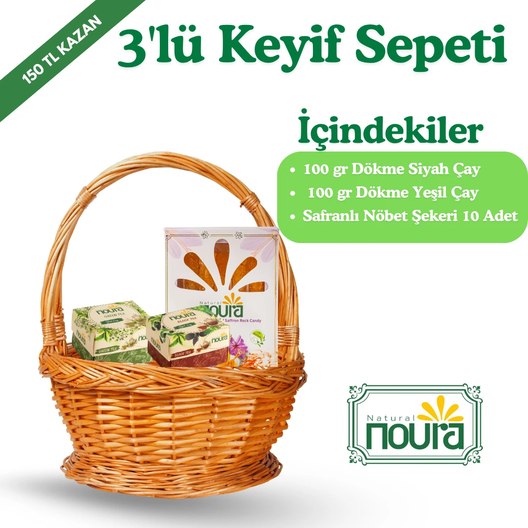 3'lü Çay Keyif Sepeti (100 gr Dökme Siyah Çay + 100 gr Dökme Yeşil Çay + Safranlı Nöbet Şekeri 10 Adet )