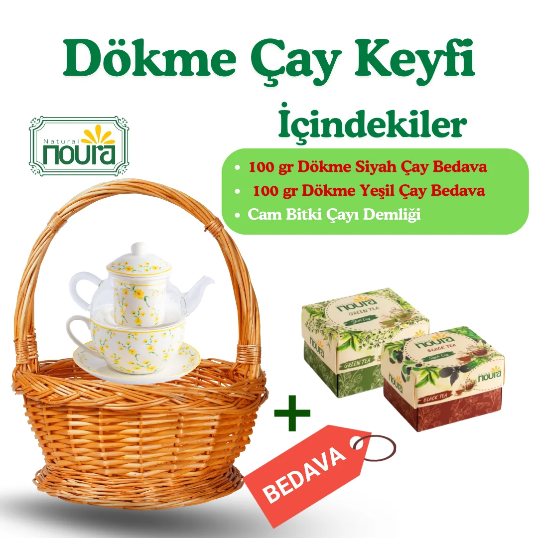 Dökme Çay Keyif Sepeti (100 gr Dökme Siyah Çay + 100 gr Dökme Yeşil Çay + Cam Bitki Çayı Demliği)