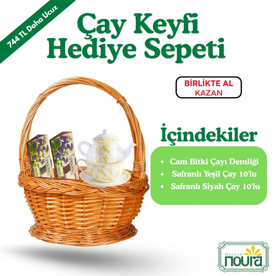 Çay Keyfi Hediye Sepeti (Cam Bitki Çayı Demliği + Safranlı Yeşil Çay 10'lu + Safranlı Siyah Çay 10'lu)