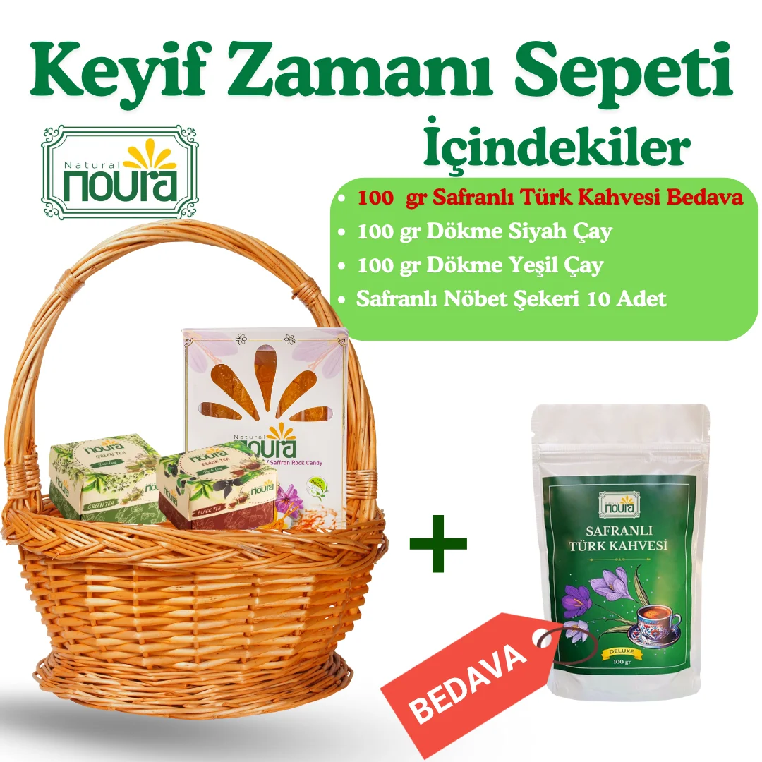 Keyif Zamanı Sepeti (100  gr Safranlı Türk Kahvesi + 100 gr Dökme Siyah Çay + 100 gr Dökme Yeşil Çay + Safranlı Nöbet Şekeri 10 Adet)
