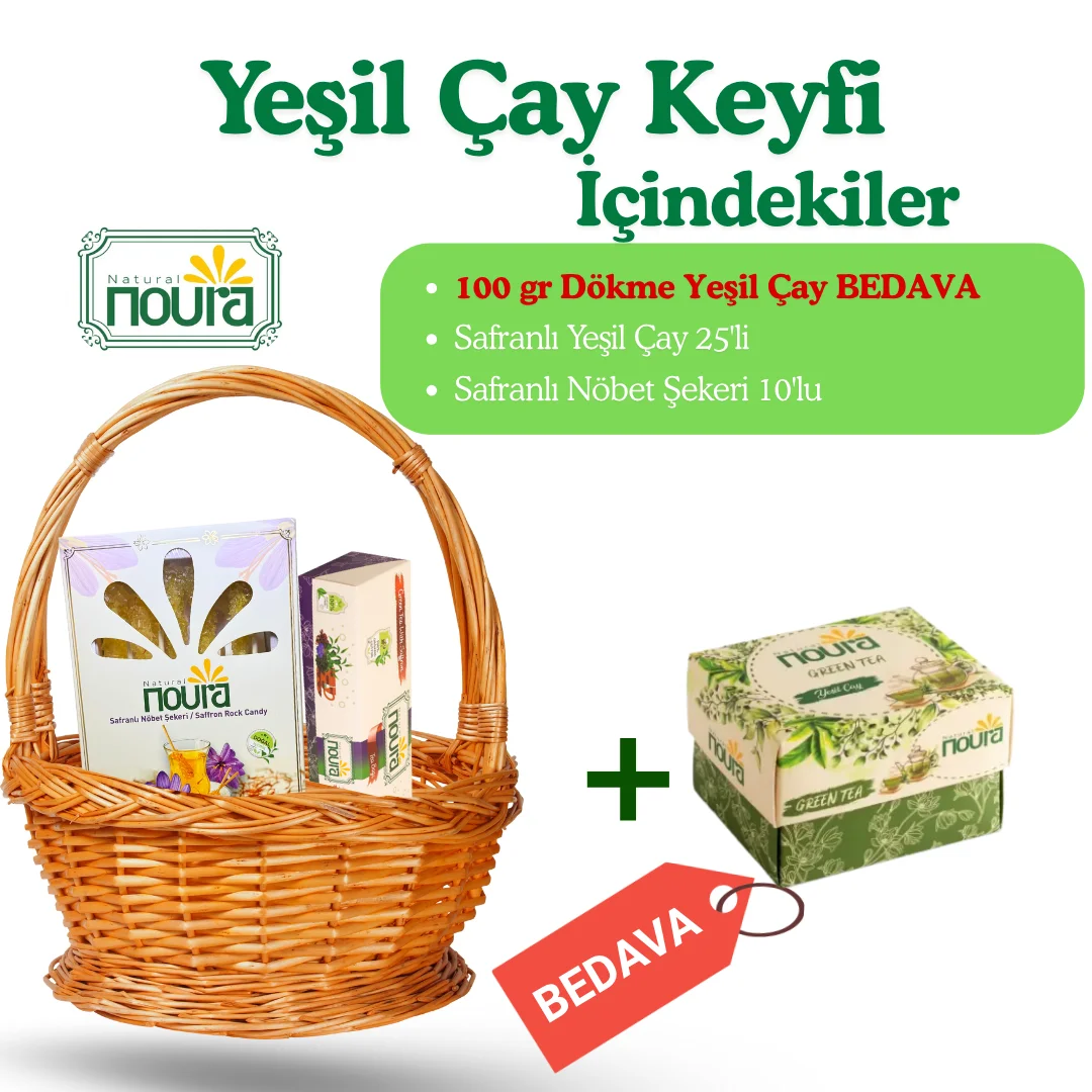 Yeşil Çay Keyif Sepeti ( Safranlı Nöbet Şekeri 10 Adet + Safranlı Yeşil Çay 25 Adet +Dökme Yeşil Çay 100 gr