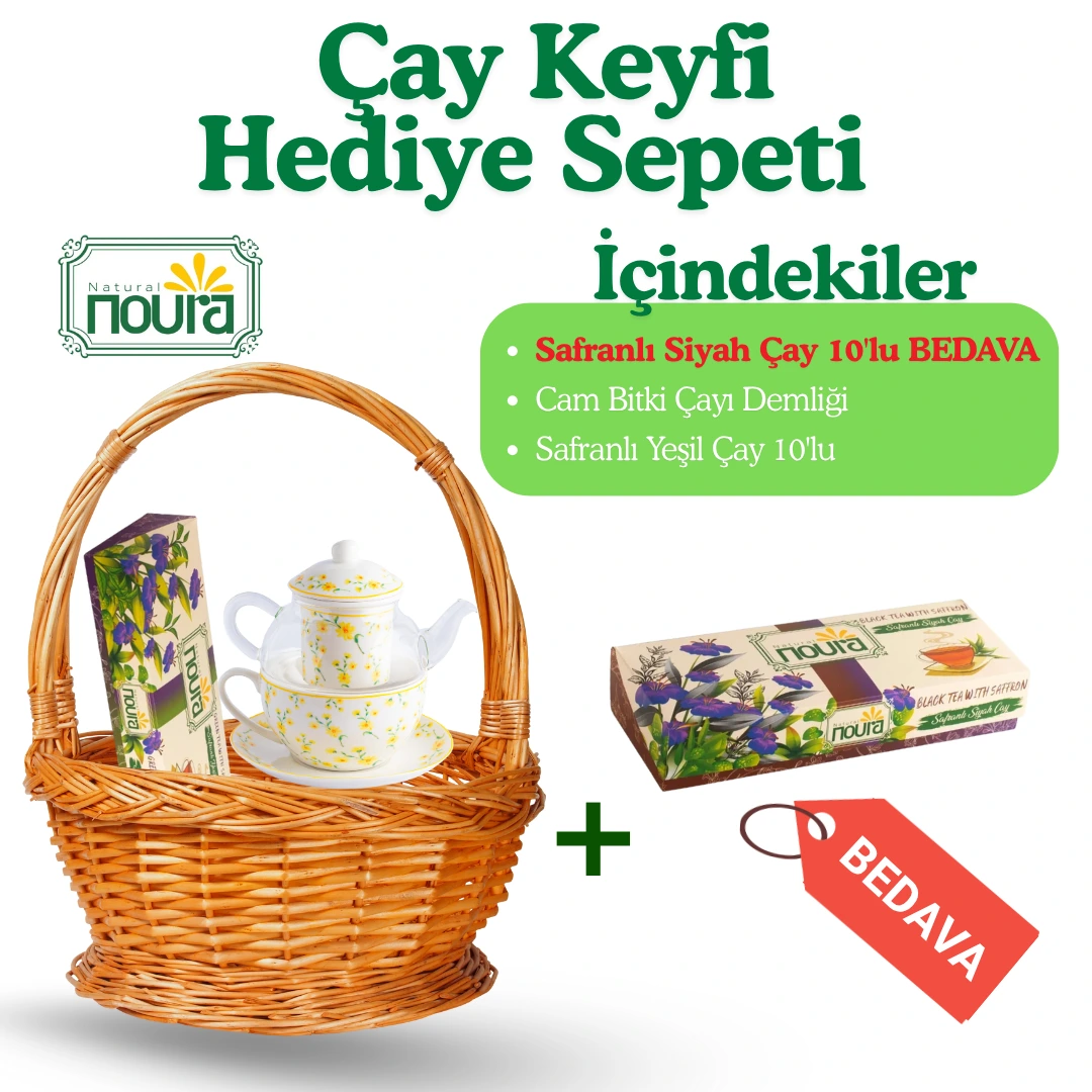 Çay Keyfi Hediye Sepeti (Cam Bitki Çayı Demliği + Safranlı Yeşil Çay 10'lu + Safranlı Siyah Çay 10'lu)
