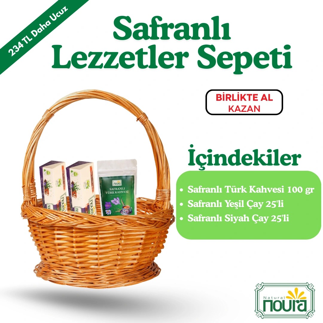 Safranlı Lezzetler Sepeti (Safranlı Türk Kahvesi 100 gr +Safranlı Yeşil Çay +25'li  Safranlı Siyah Çay 25'li )