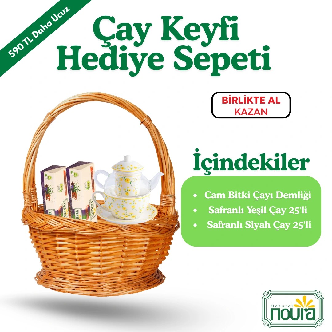 Çay Keyfi Hediye Sepeti ( Cam Bitki Çayı Demliği +Safranlı Yeşil Çay 25'li + Safranlı Siyah Çay 25'li )