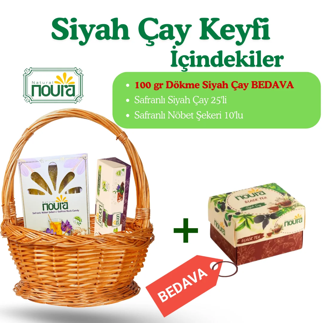 Siyah Çay Keyif Sepeti (Safranlı Nöbet Şekeri 10 adet + Safranlı Siyah Çay 25 Adet + Dökme Siyah Çay 100 gr)
