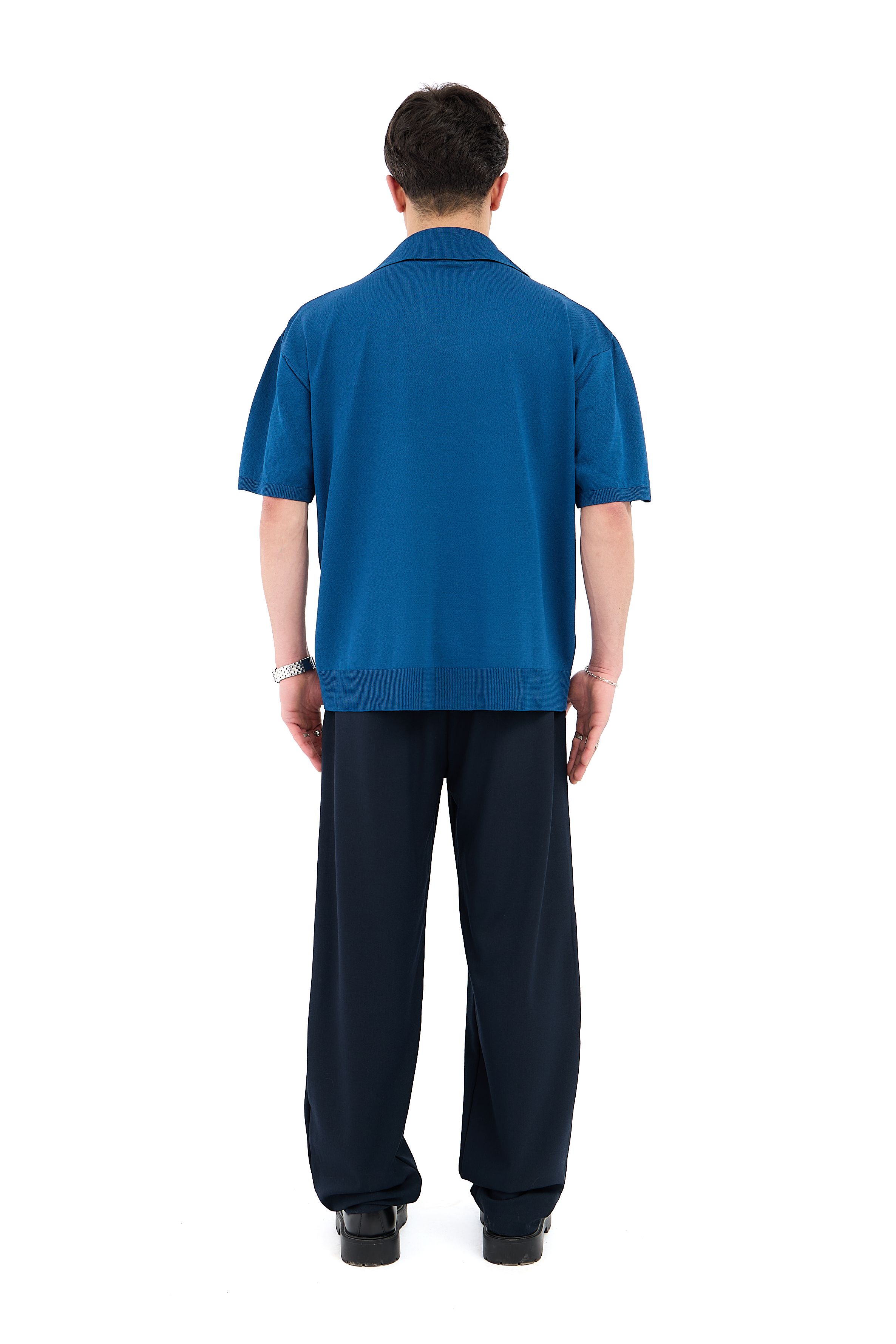 Crep Kumaş Polo Yaka Oversize Triko Tişört - PETROL MAVİSİ