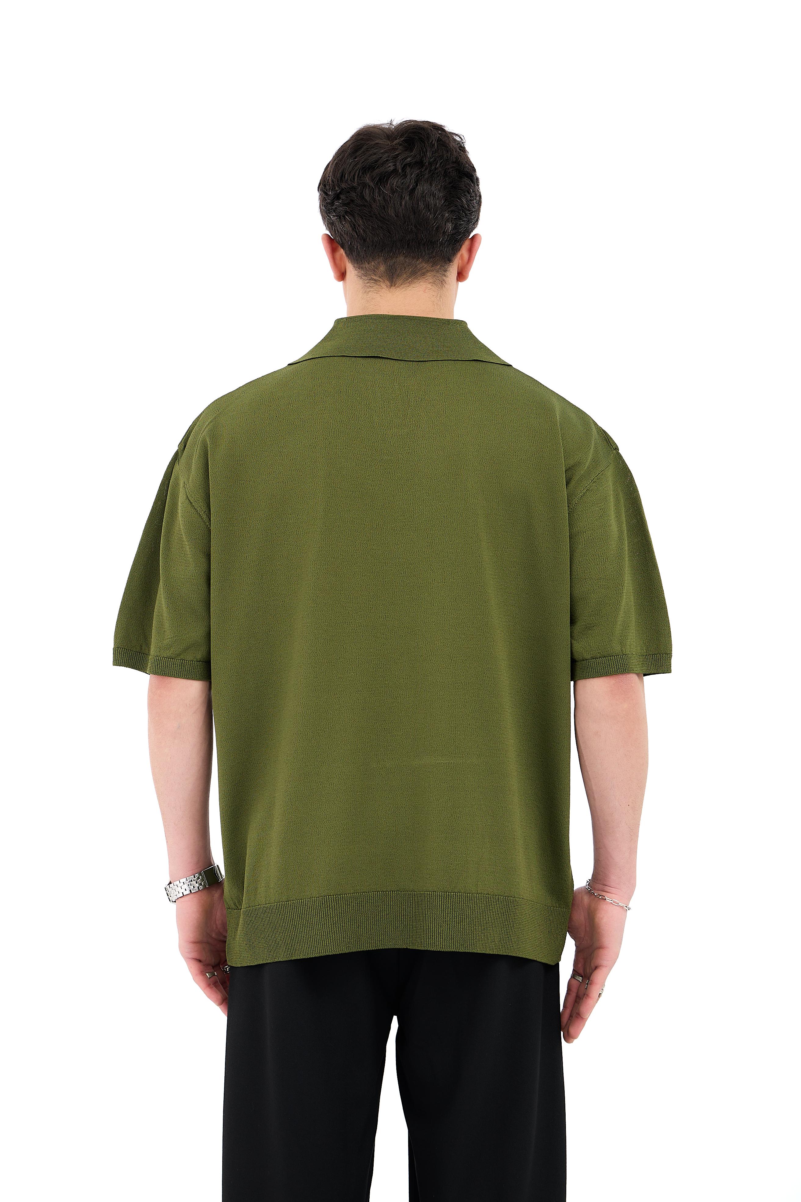 Crep Kumaş Polo Yaka Oversize Triko Tişört - YAĞ YEŞİLİ
