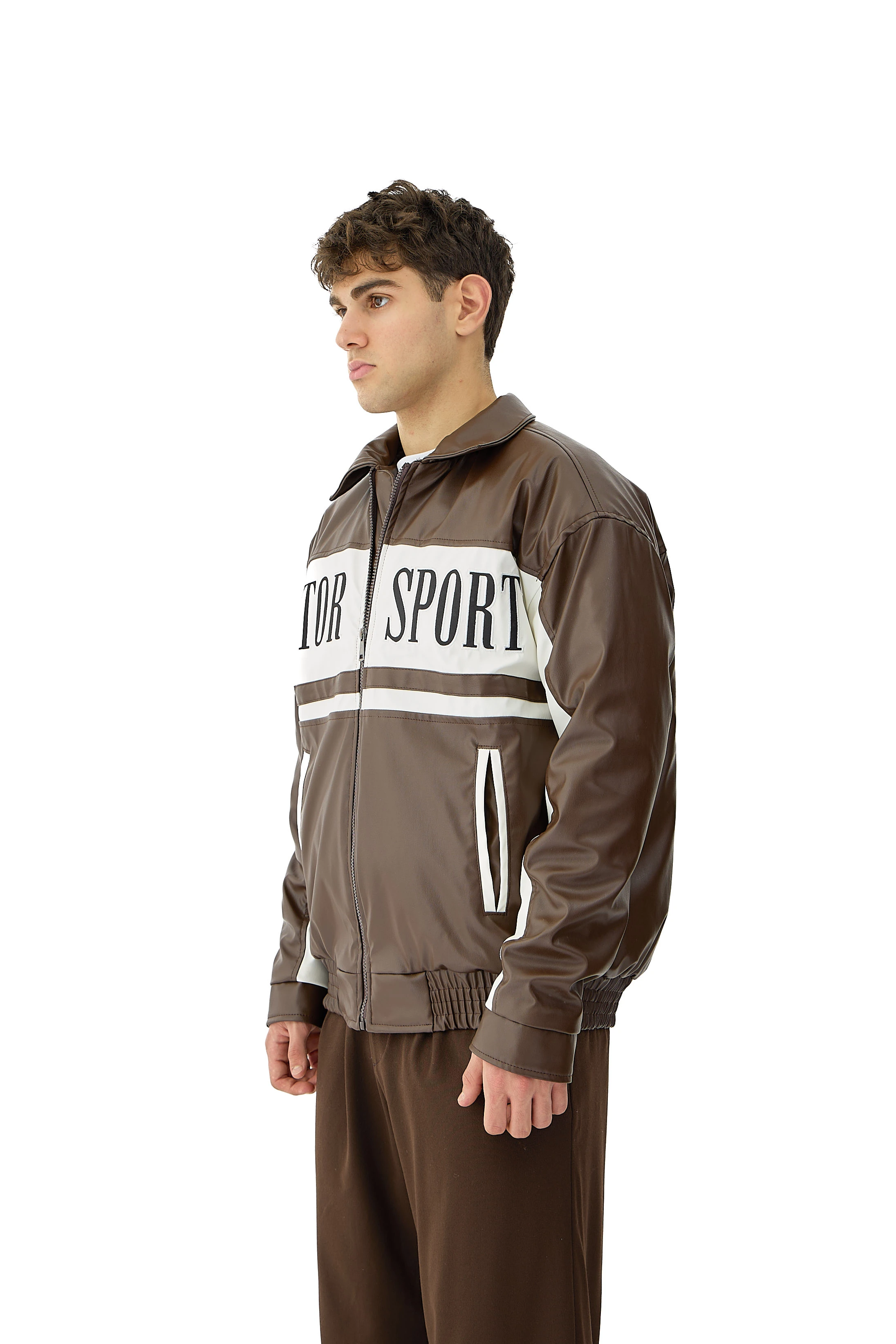 Motor Spor Nakış Detaylı Bomber Deri Ceket  - KAHVERENGİ