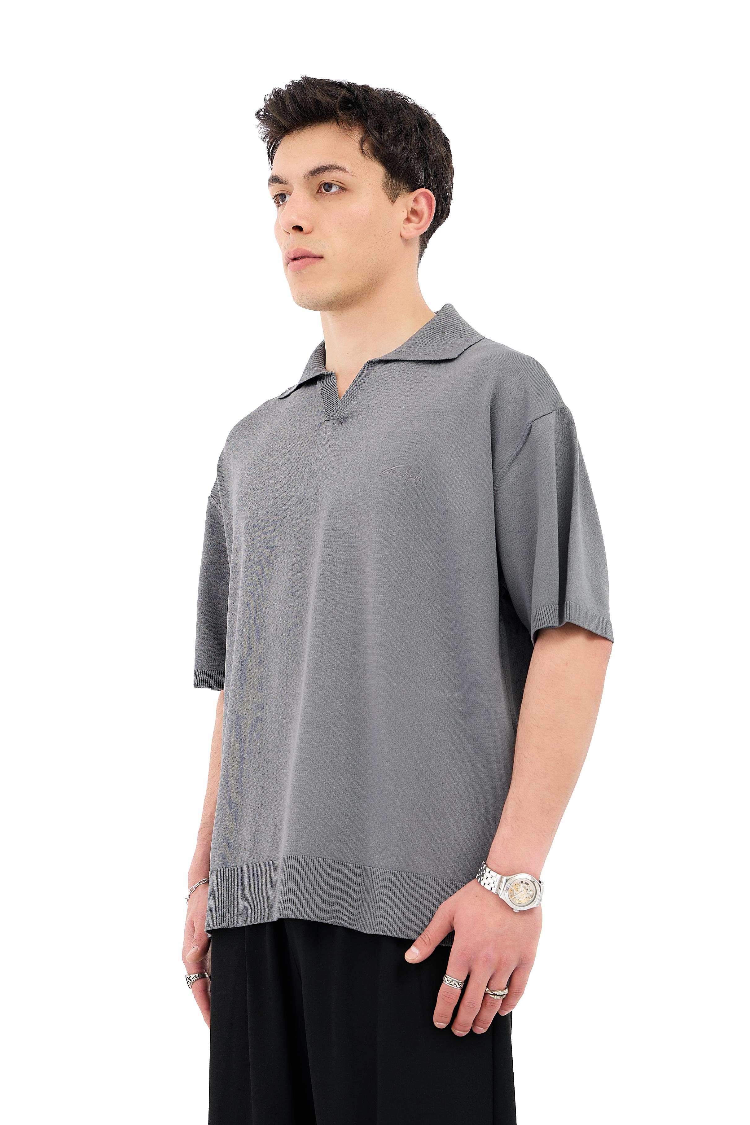 Crep Kumaş Polo Yaka Oversize Triko Tişört - ANTRASİT