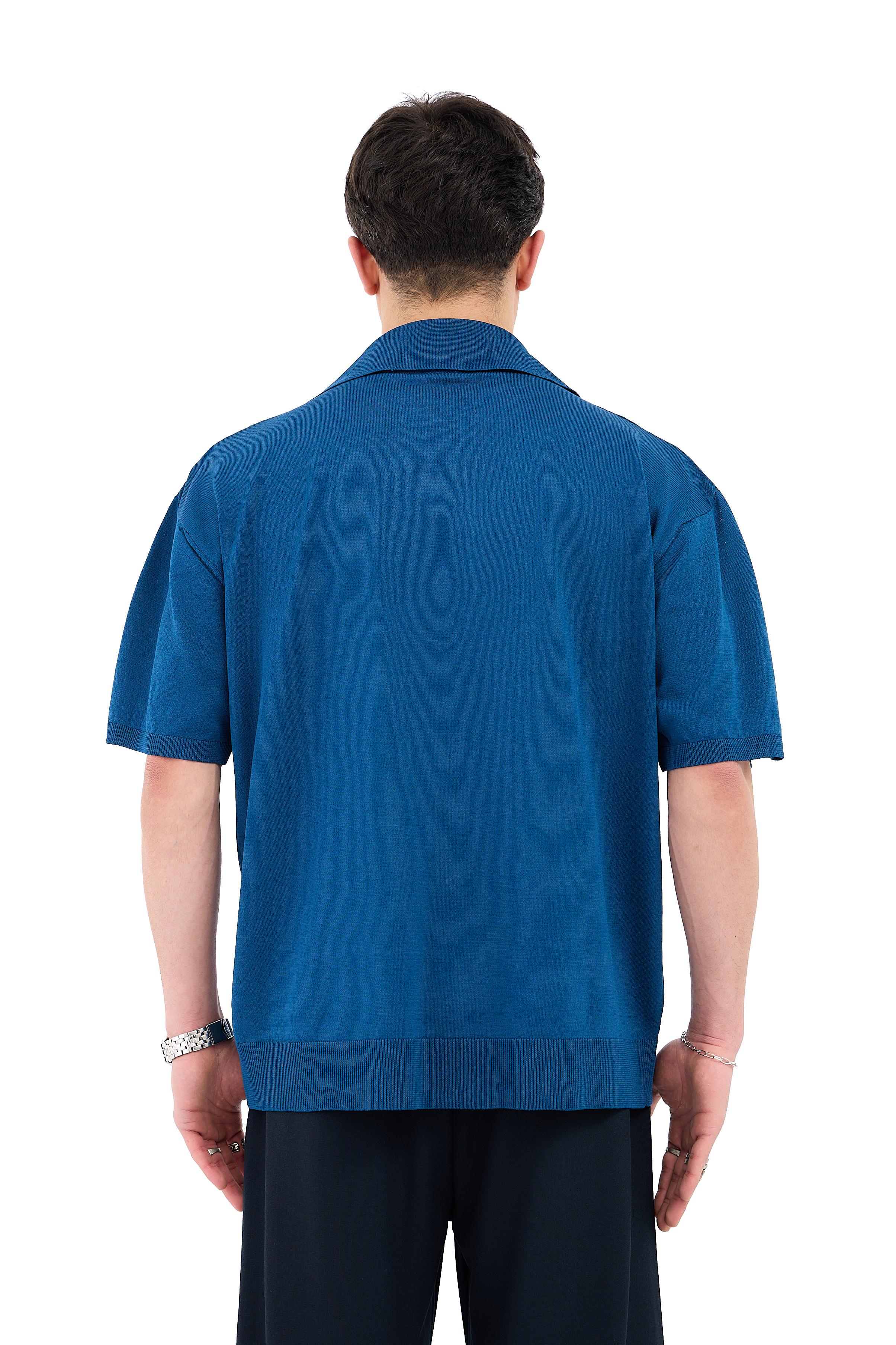 Crep Kumaş Polo Yaka Oversize Triko Tişört - PETROL MAVİSİ