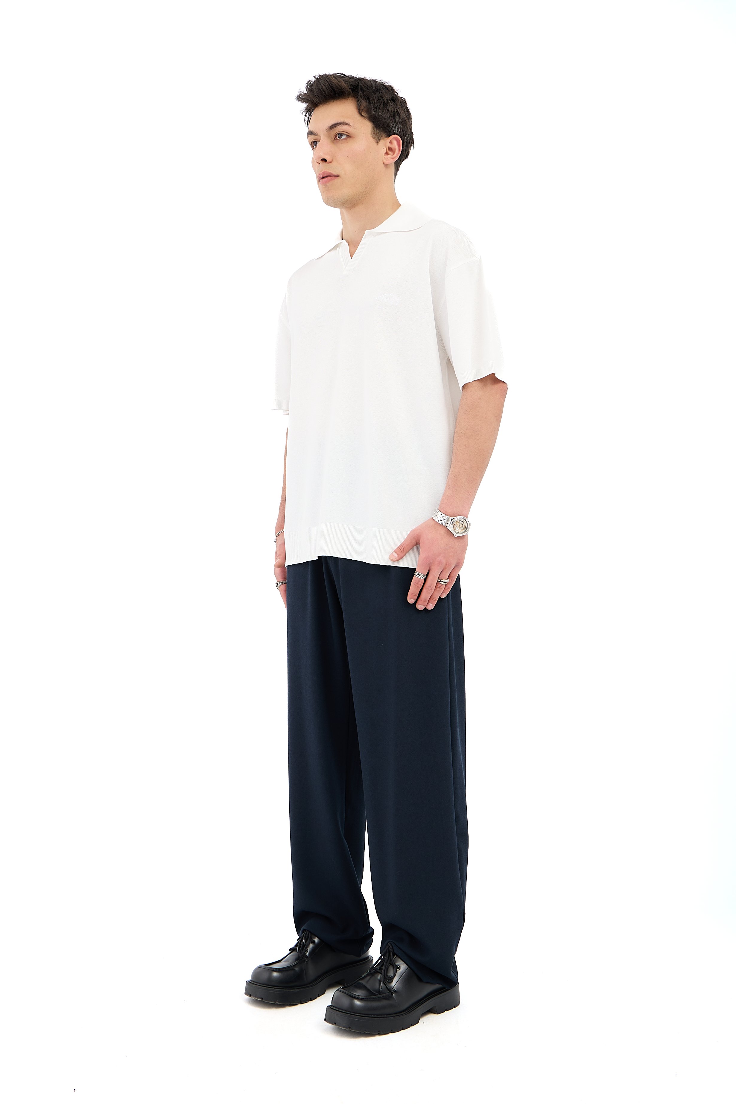 Crep Kumaş Polo Yaka Oversize Triko Tişört - BEYAZ