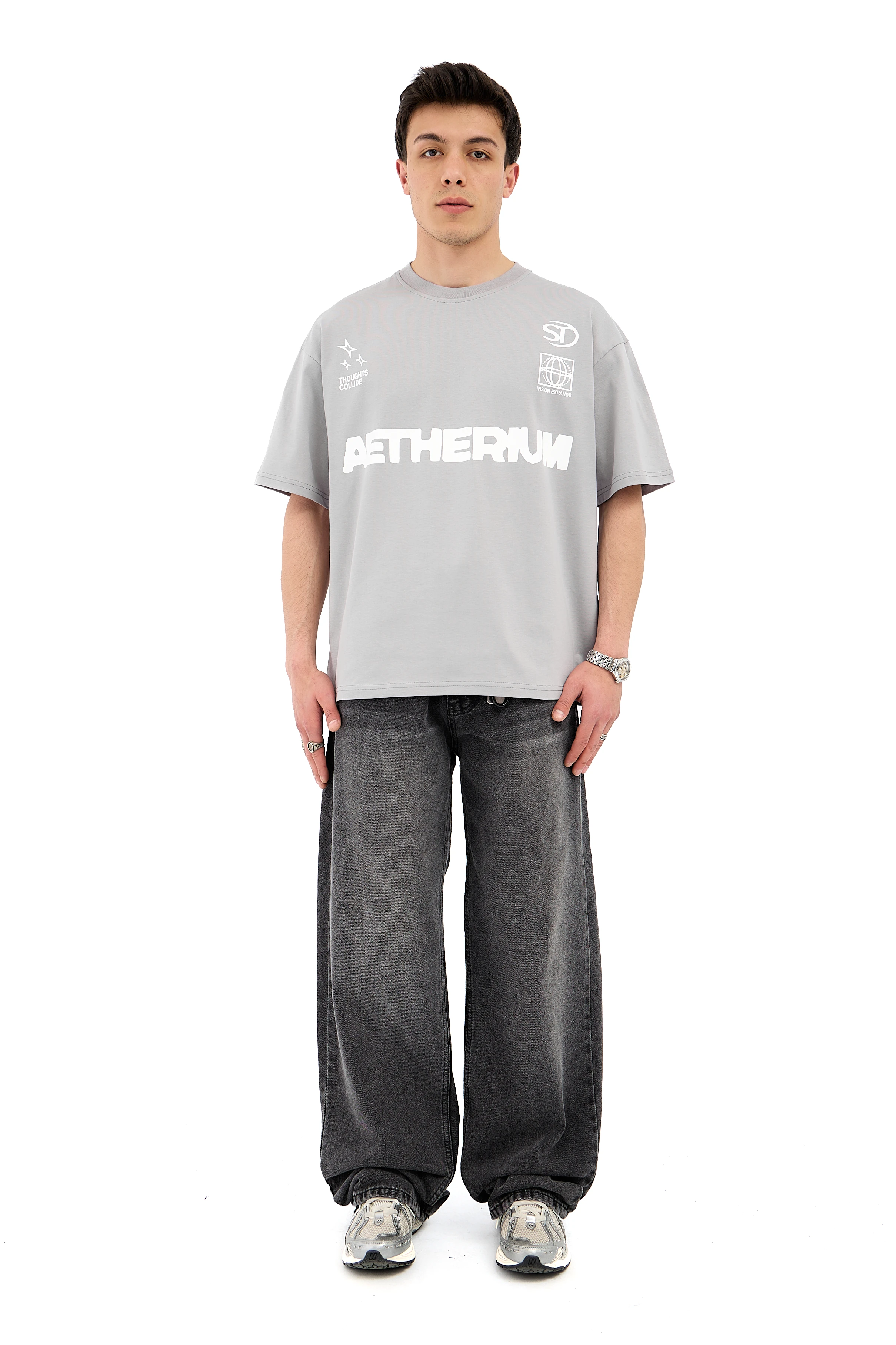 Çizgili Gri Super Baggy Jean