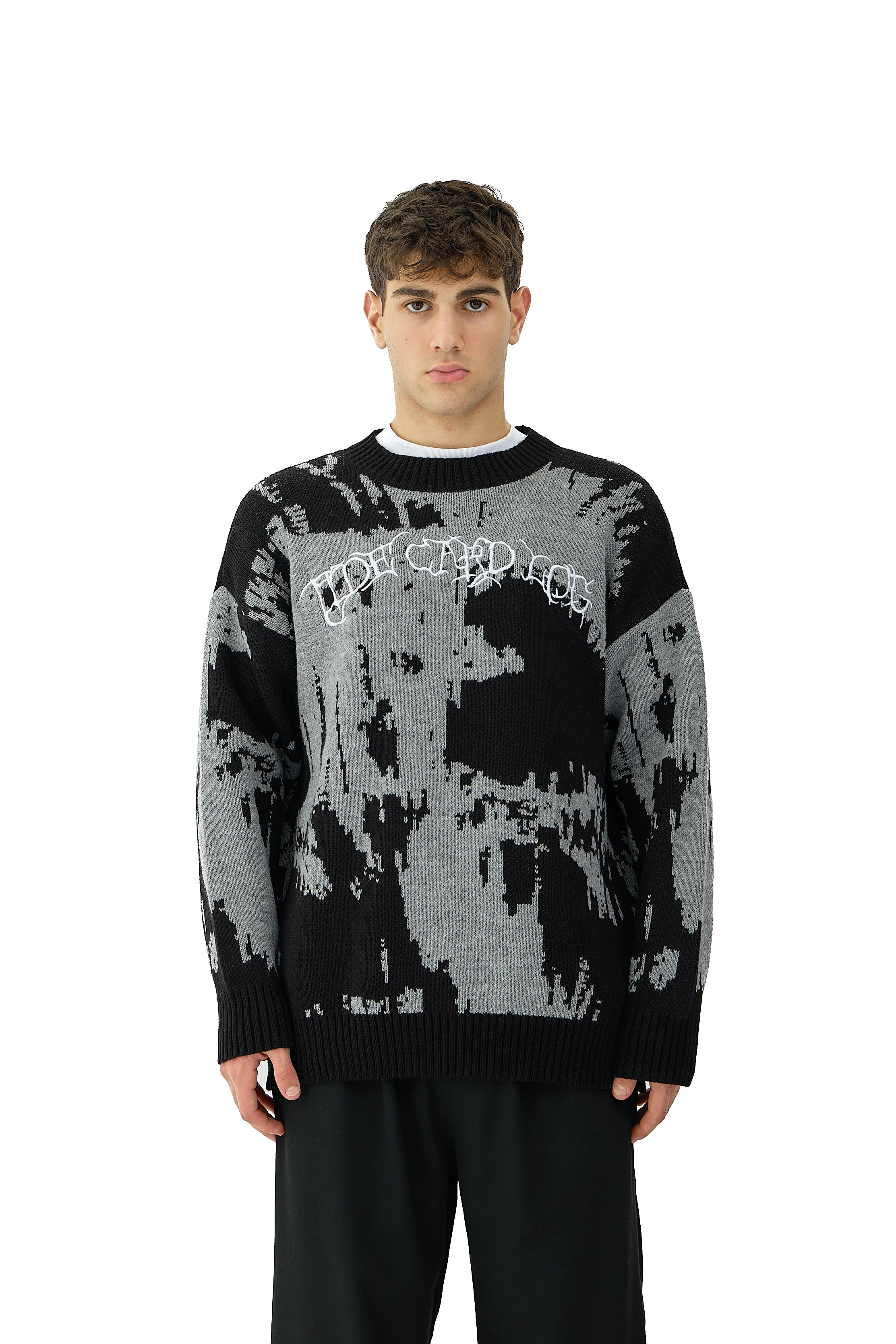 Glitch Nakış Detay Premium Oversize Triko Kazak - SİYAH