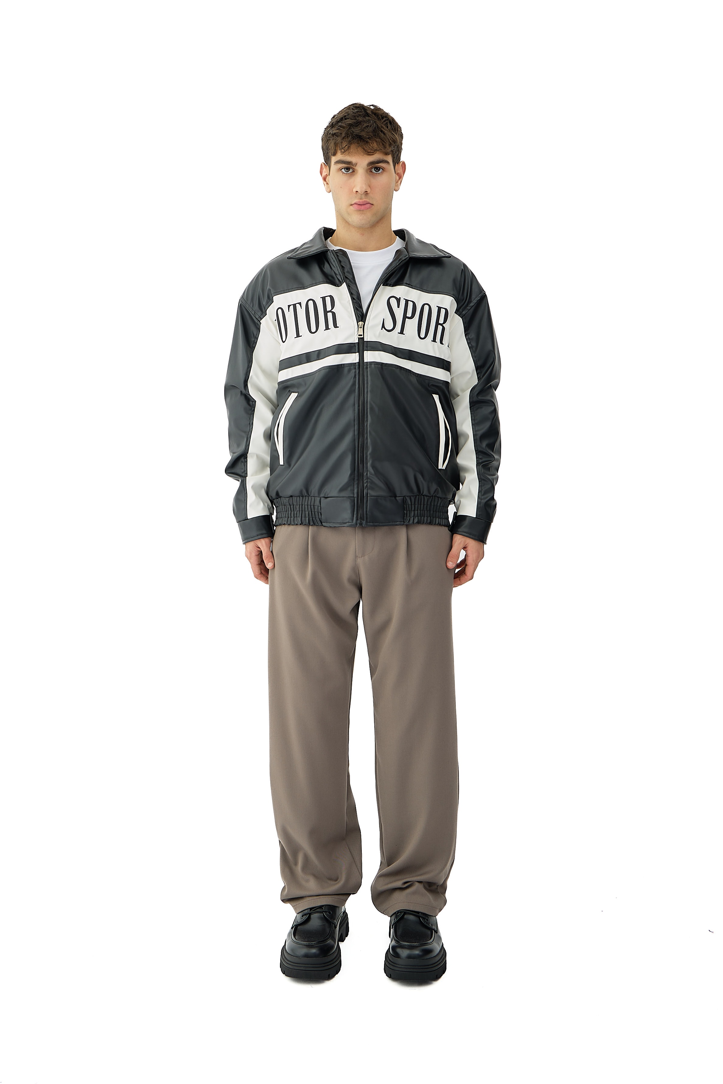 Motor Spor Nakış Detaylı Bomber Deri Ceket 