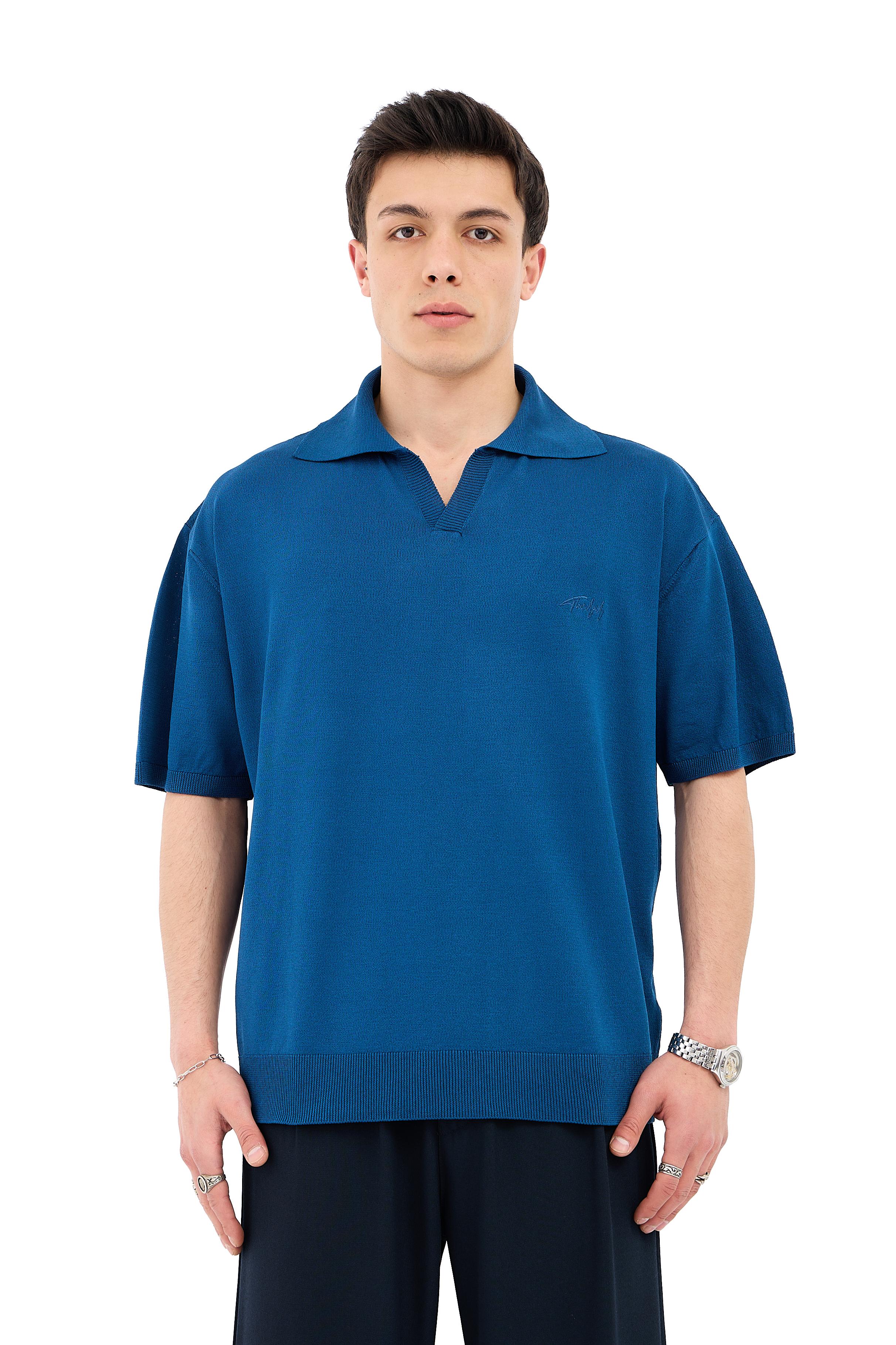 Crep Kumaş Polo Yaka Oversize Triko Tişört - PETROL MAVİSİ